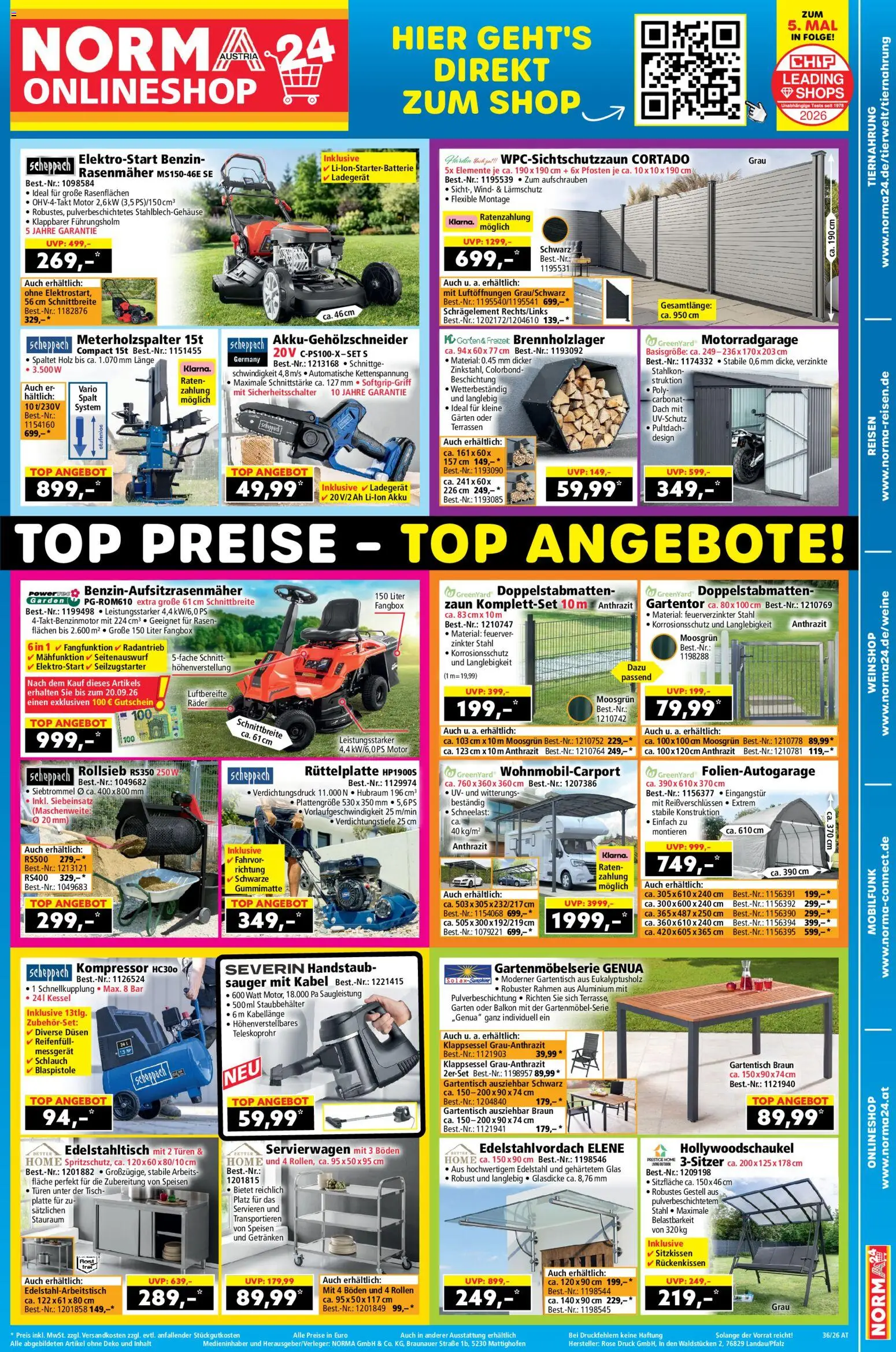 Norma Online shop gültig ab 31.08.2026 | Seite: 1 | Produkte: Kabel, Rasenmäher, Tisch
