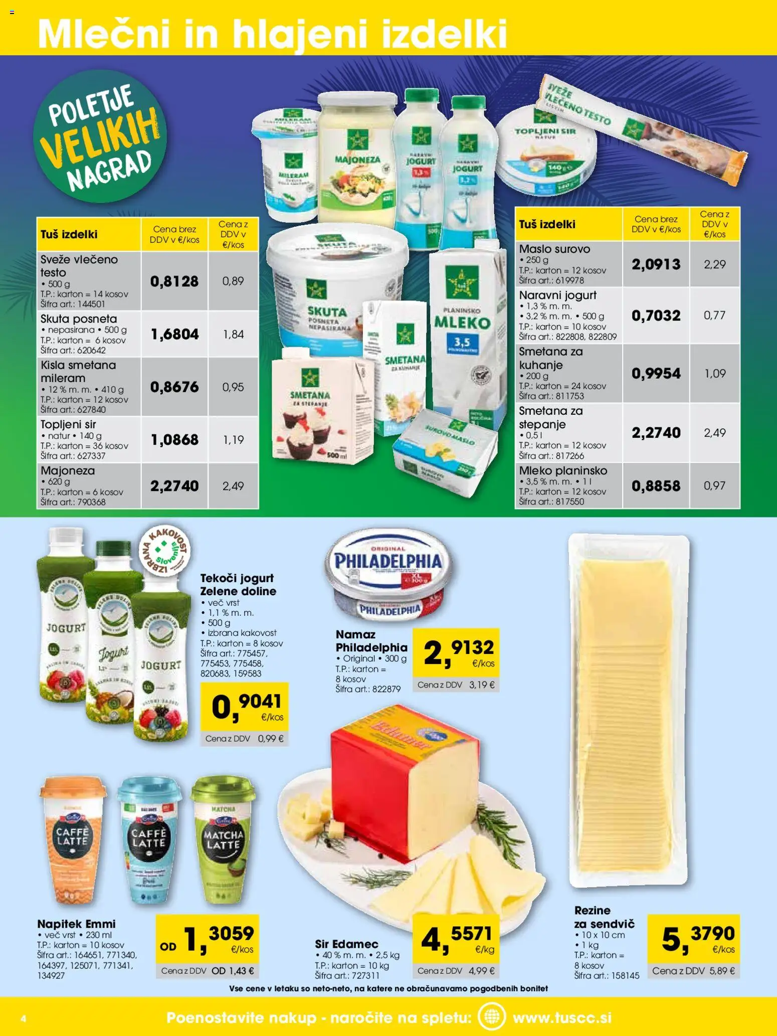 Novi Tuš katalog ponudbe – veljaven od 01.08.2026 | Stran: 4 | Izdelki: Edamec, Mleko, Maslo, Majoneza