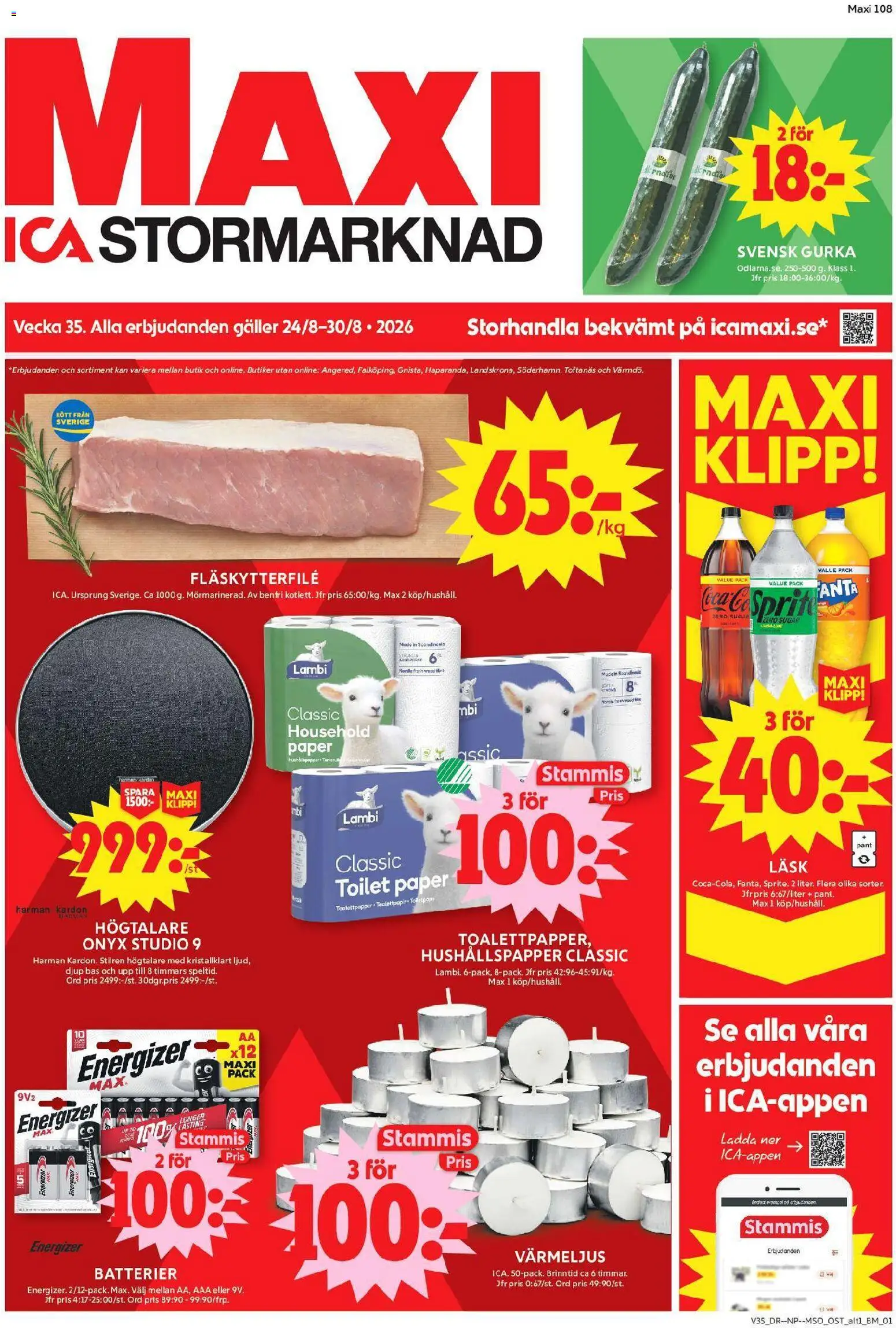 ICA Maxi reklamblad aktuell från 24/08/2026 | Sida: 1 | Produkter: Batterier, Galler, Kött, Högtalare