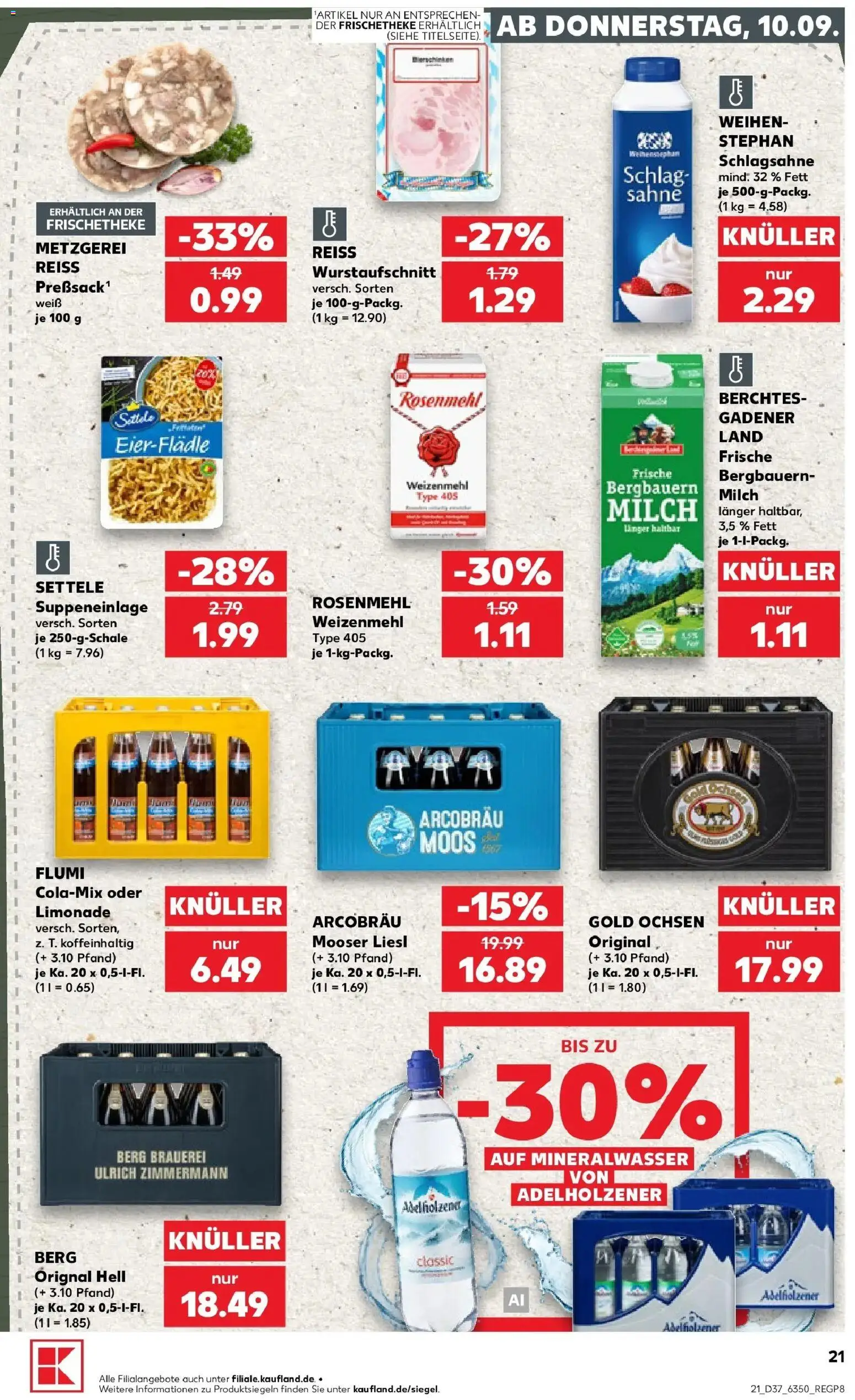Prospekt Kaufland ab 10.09.2026 » Angebote Online zum Blättern | Seite: 21 | Produkte: Adelholzener, Weizenmehl, Mineralwasser, Sahne