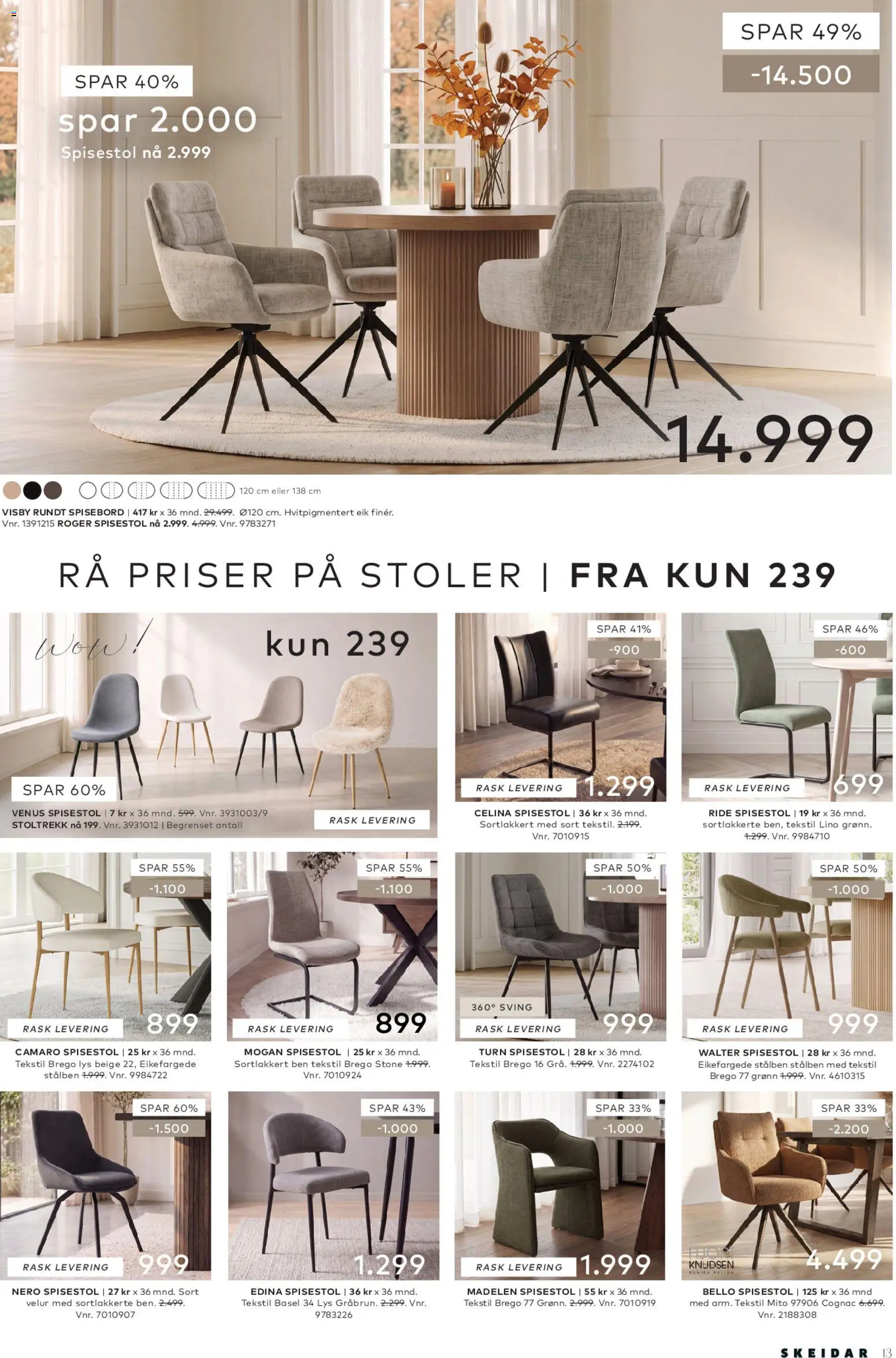 {H1} | Side: 13 | Produkter: Spisebord, Spisestol, Stoltrekk, Lys
