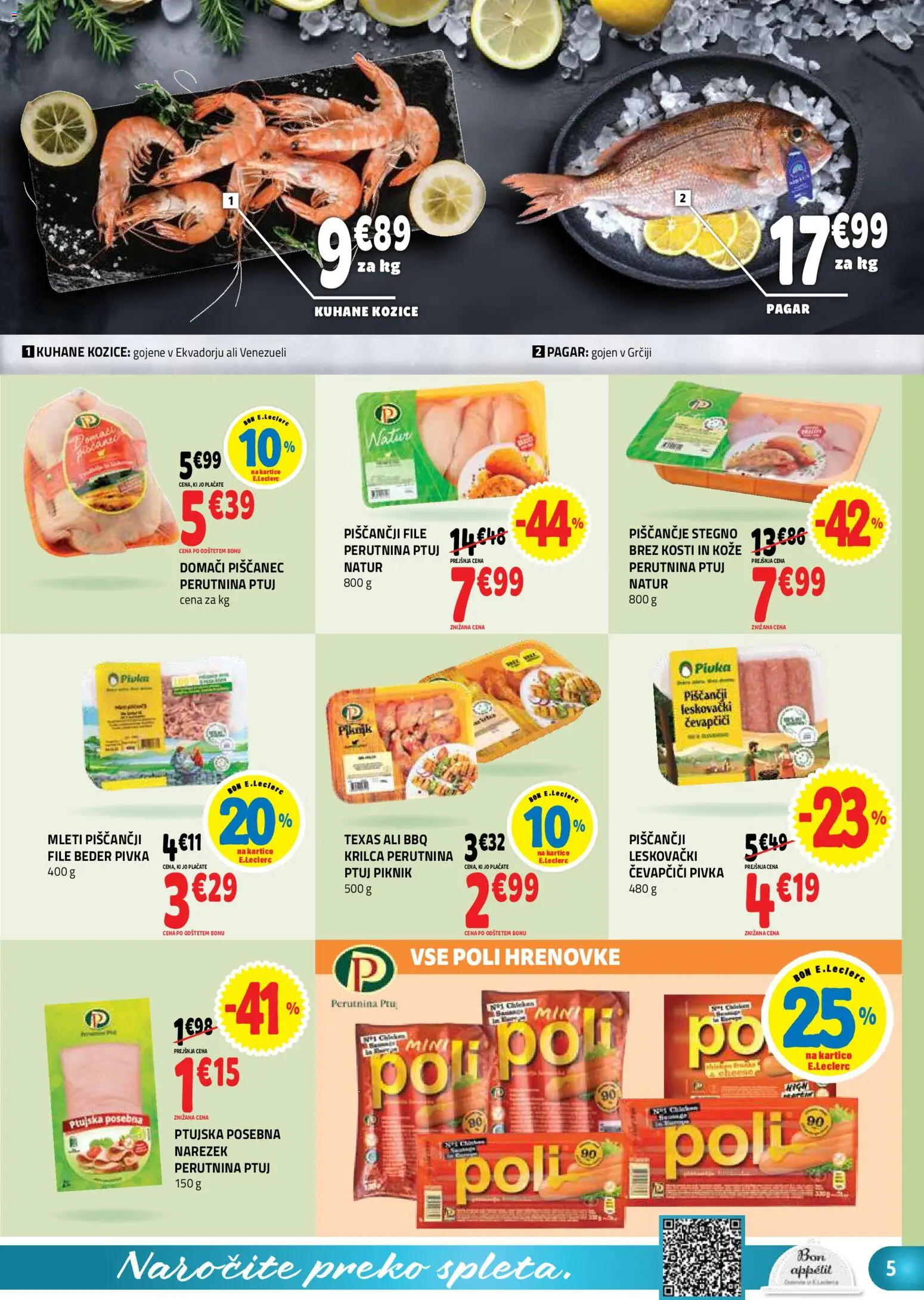 Novi E.leclerc katalog ponudbe – veljaven od 26.08.2026 | Stran: 5 | Izdelki: Čevapčiči, Kozice, Narezek, Por