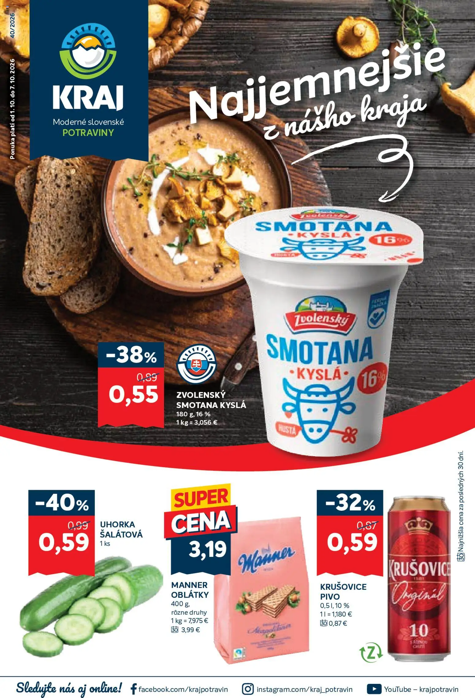 Nové Kraj akcie – leták je platný od 01.10.2026 | Strana: 1 | Produkty: Pivo, Krušovice, Uhorka, Oblátky