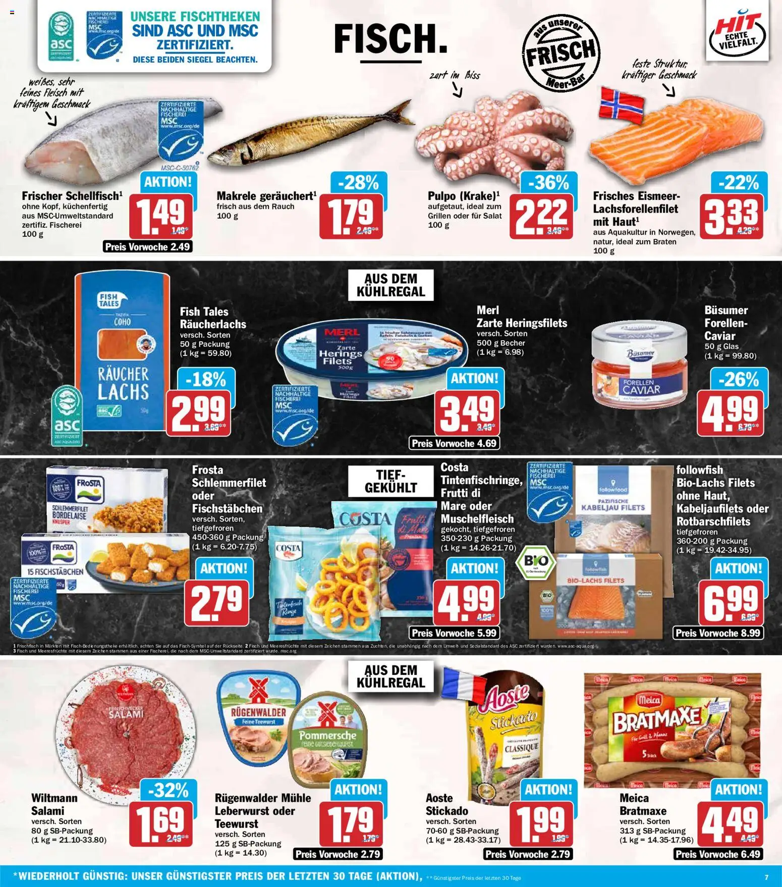 HIT Prospekt – gültig ab 10.08.2026 | Seite: 7 | Produkte: Räucherlachs, Fischstabchen, Meeresfrüchte, Salami
