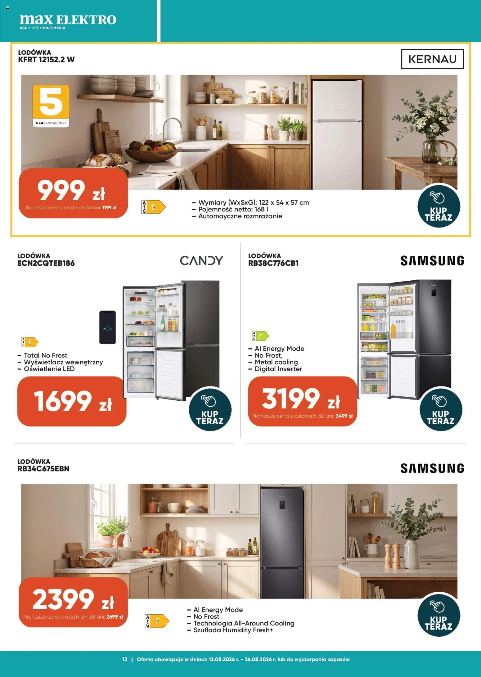 Max elektro gazetka od 12.08.2026 | Strona: 13 | Produkty: Lodówka, Oświetlenie