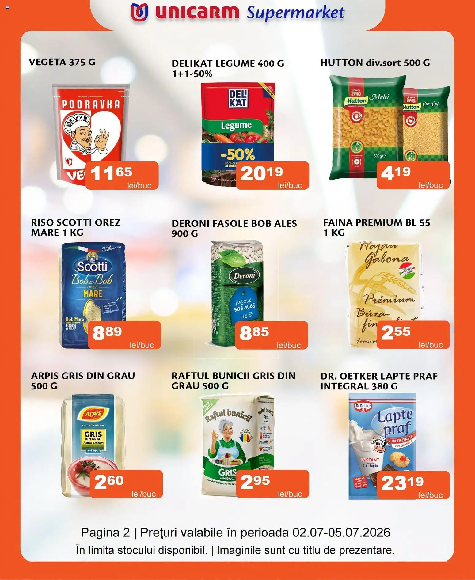 Noul catalog Unicarm – valabil de la 02.07.2026 | Pagină: 2 | Produse: Lapte praf, Lapte, Orez, Legume