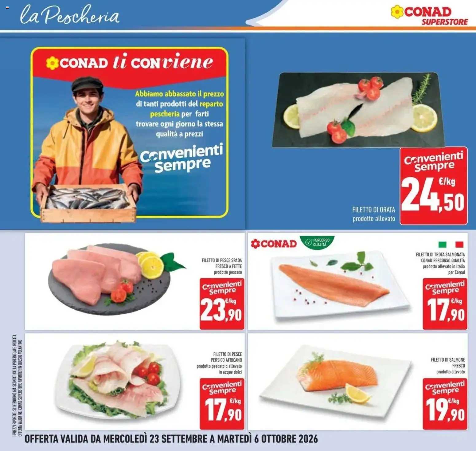 Anteprima volantino Conad dal 23/09/2026 prossima settimana | Pagina: 14 | Prodotti: Salmone, Filetto di salmone, Dolci, Pesce spada