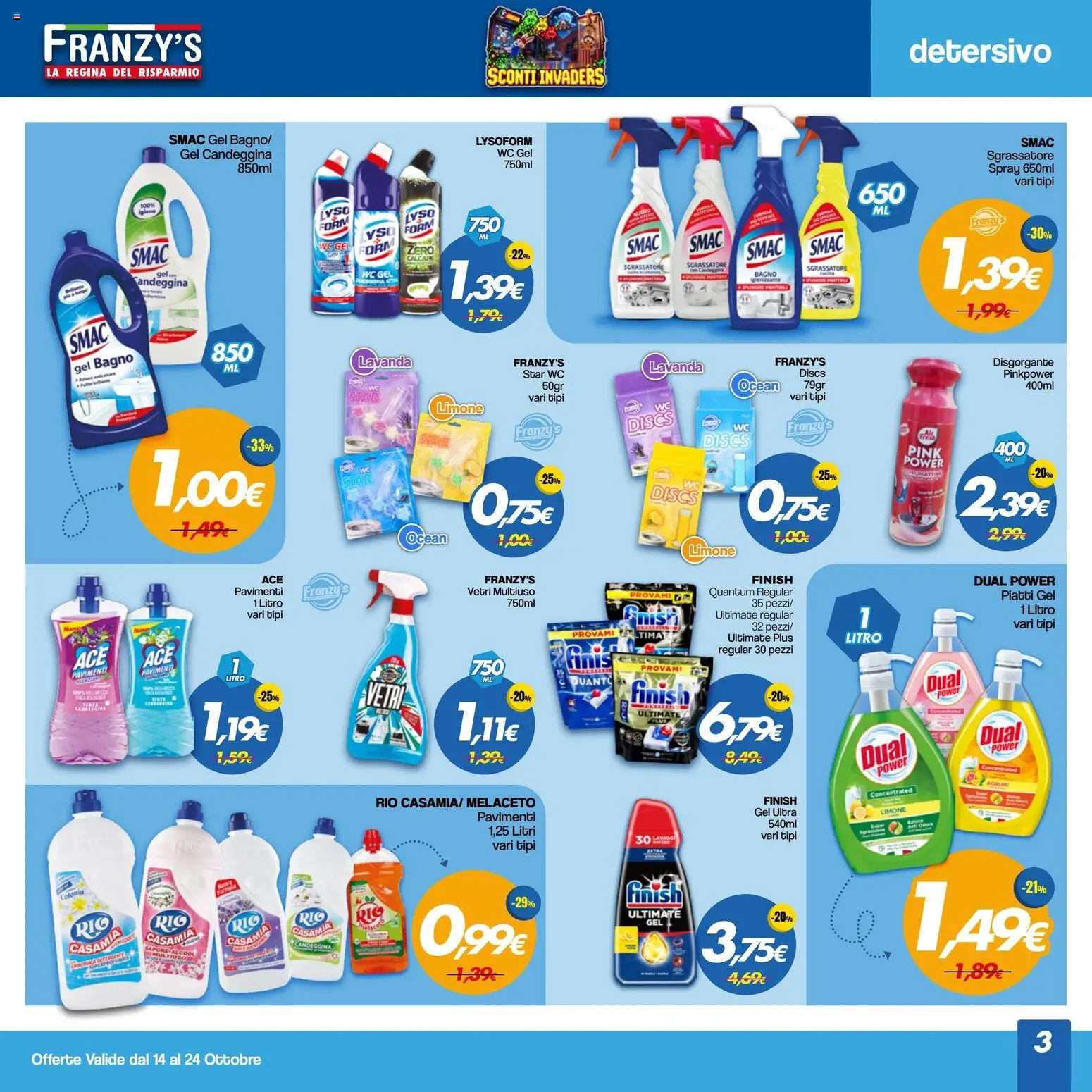 Volantino Franzy's del 14/10/2026 | Pagina: 3 | Prodotti: Piatti, Candeggina, Sgrassatore, Limone
