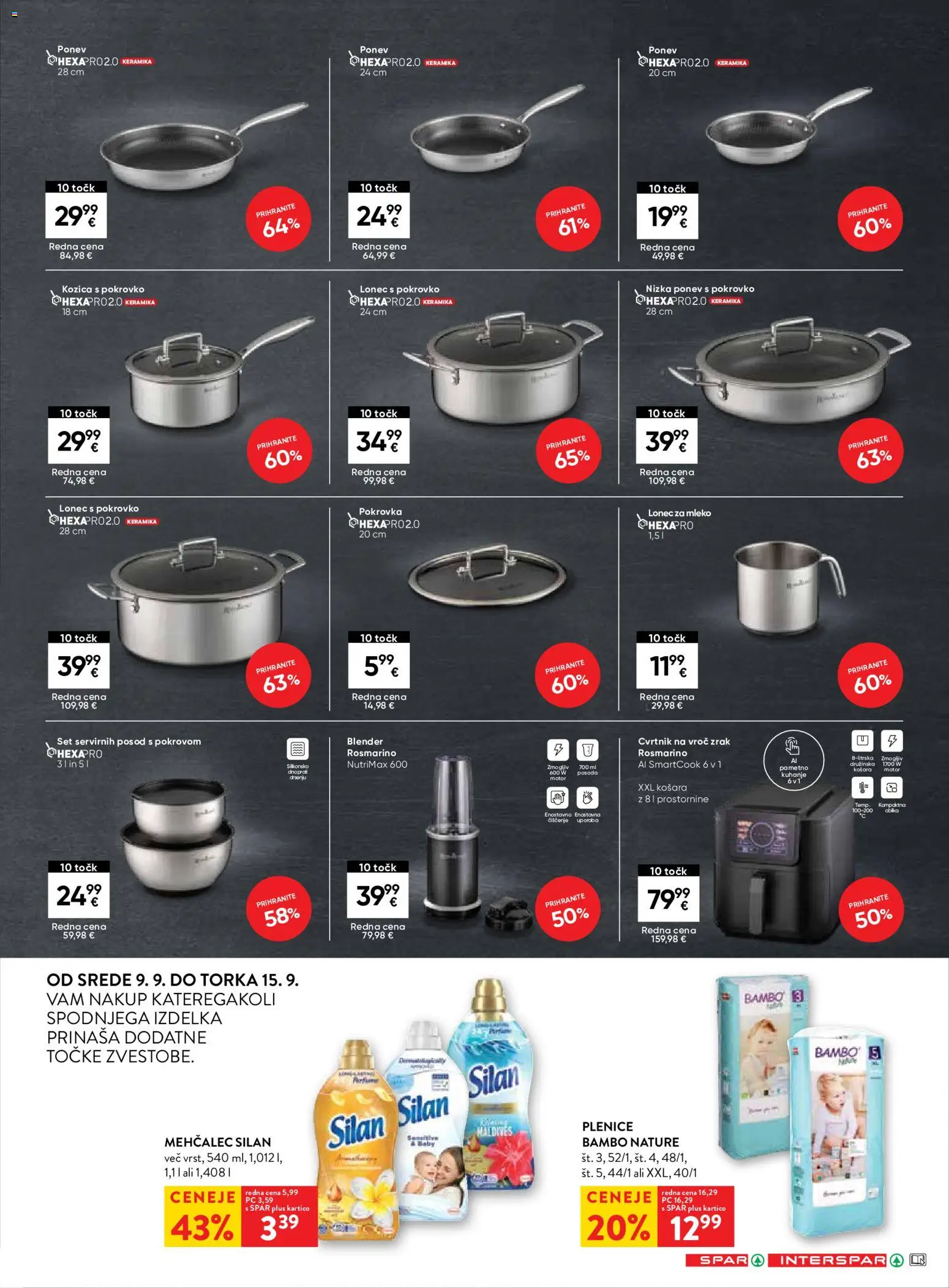 Novi Spar katalog ponudbe – veljaven od 09.09.2026 | Stran: 15 | Izdelki: Plenice, Mehčalec, Košara, Mleko