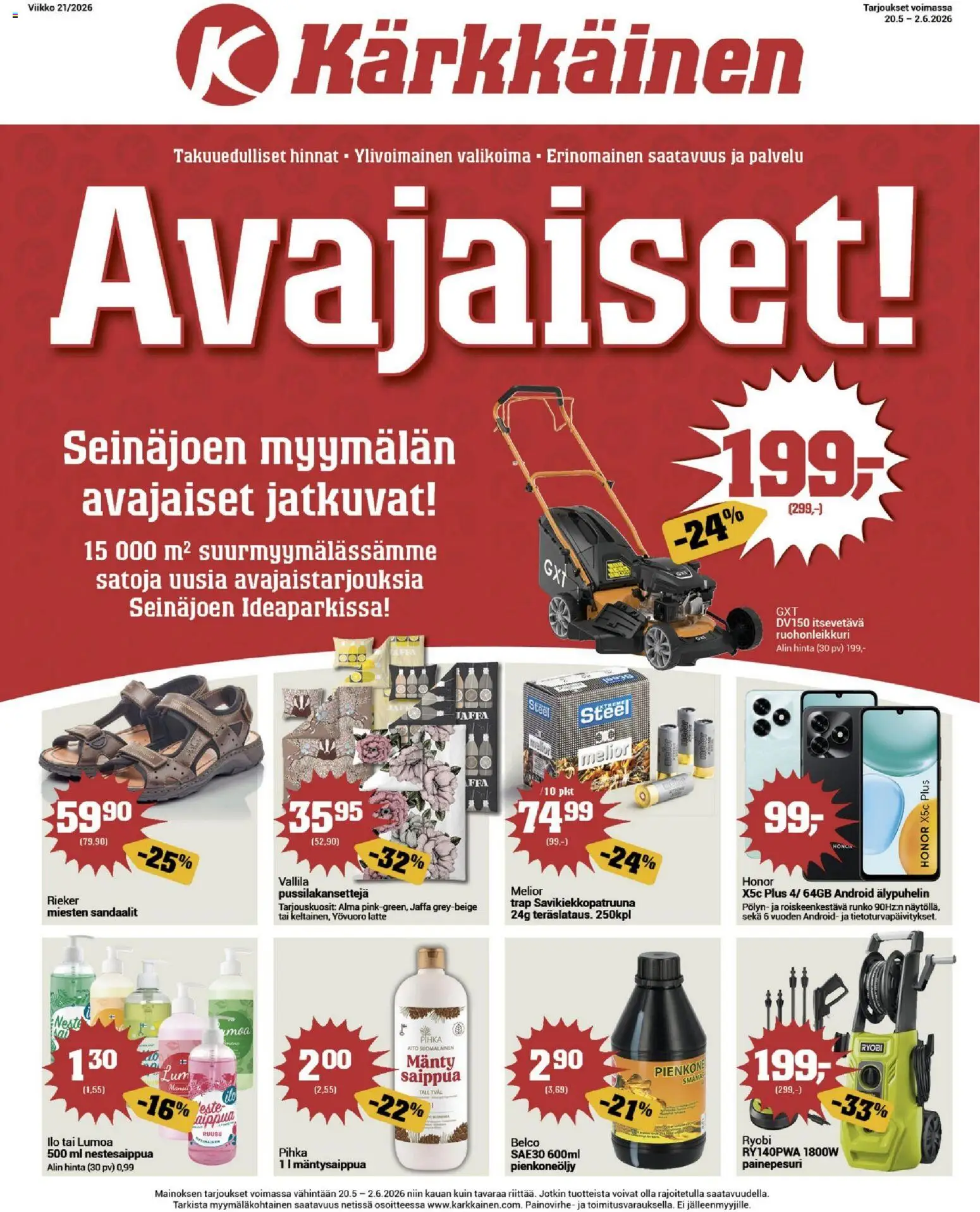 Kärkkäinen tarjoukset - Seinäjoen alue – voimassa 20.05.2026 alkaen | Sivu: 1 | Tuotteet: Saippua, Painepesuri, Sandaalit, Älypuhelin