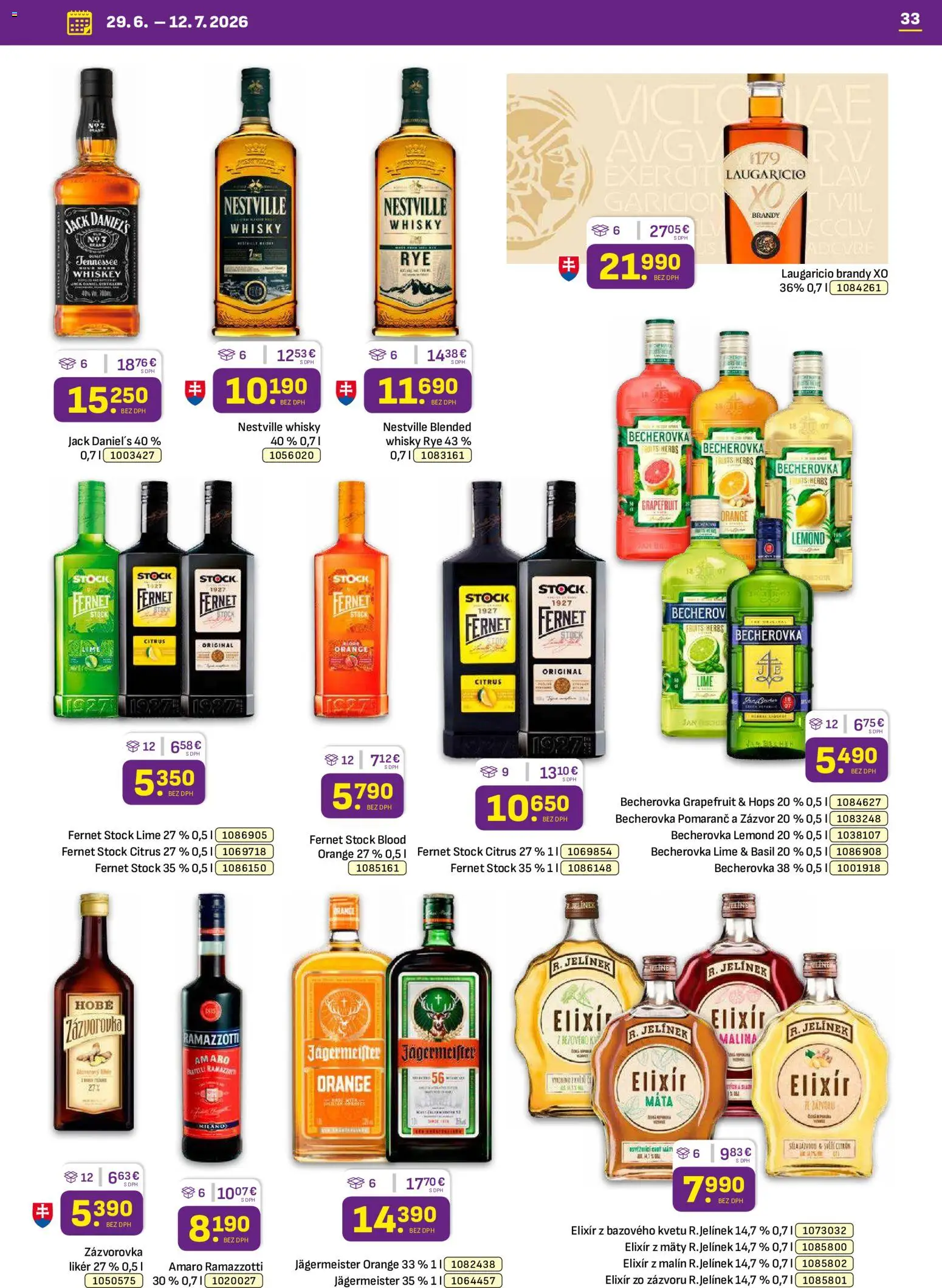 Nové Libex akcie – leták je platný od 29.06.2026 | Strana: 33 | Produkty: Brandy, Whisky, Grapefruit, Fernet Stock