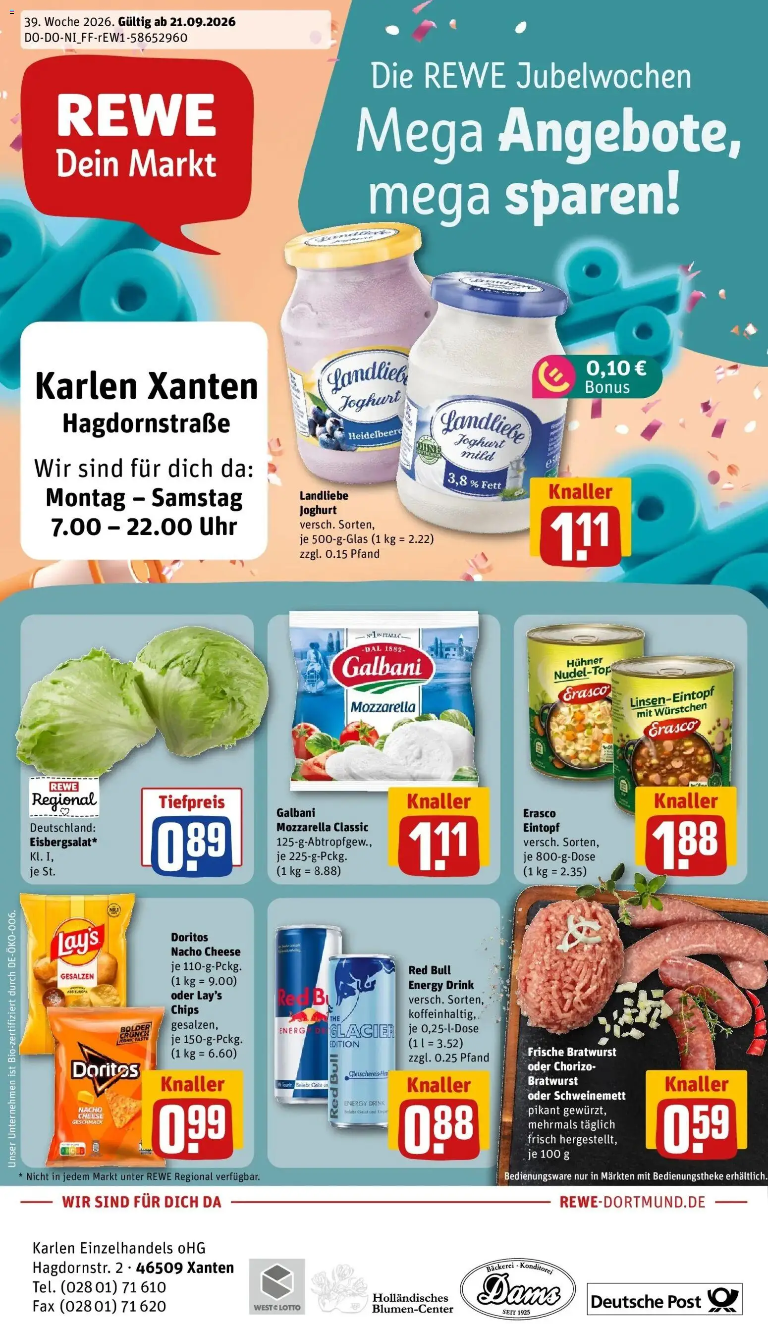 REWE Prospekt ab 21.09.2026 zum Blättern » Angebote | Seite: 1 | Produkte: Red bull, Mozzarella, Erasco, Chips