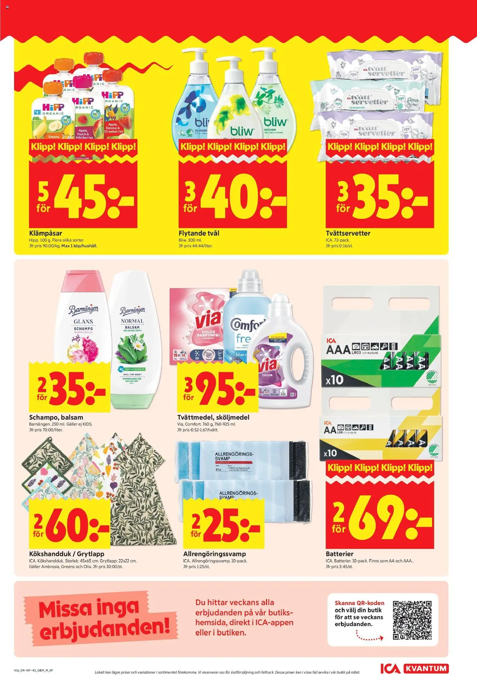 ICA Kvantum reklamblad aktuell från 13.04.2026 | Sida: 9 | Produkter: Batterier, Svamp, Schampo, Sköljmedel