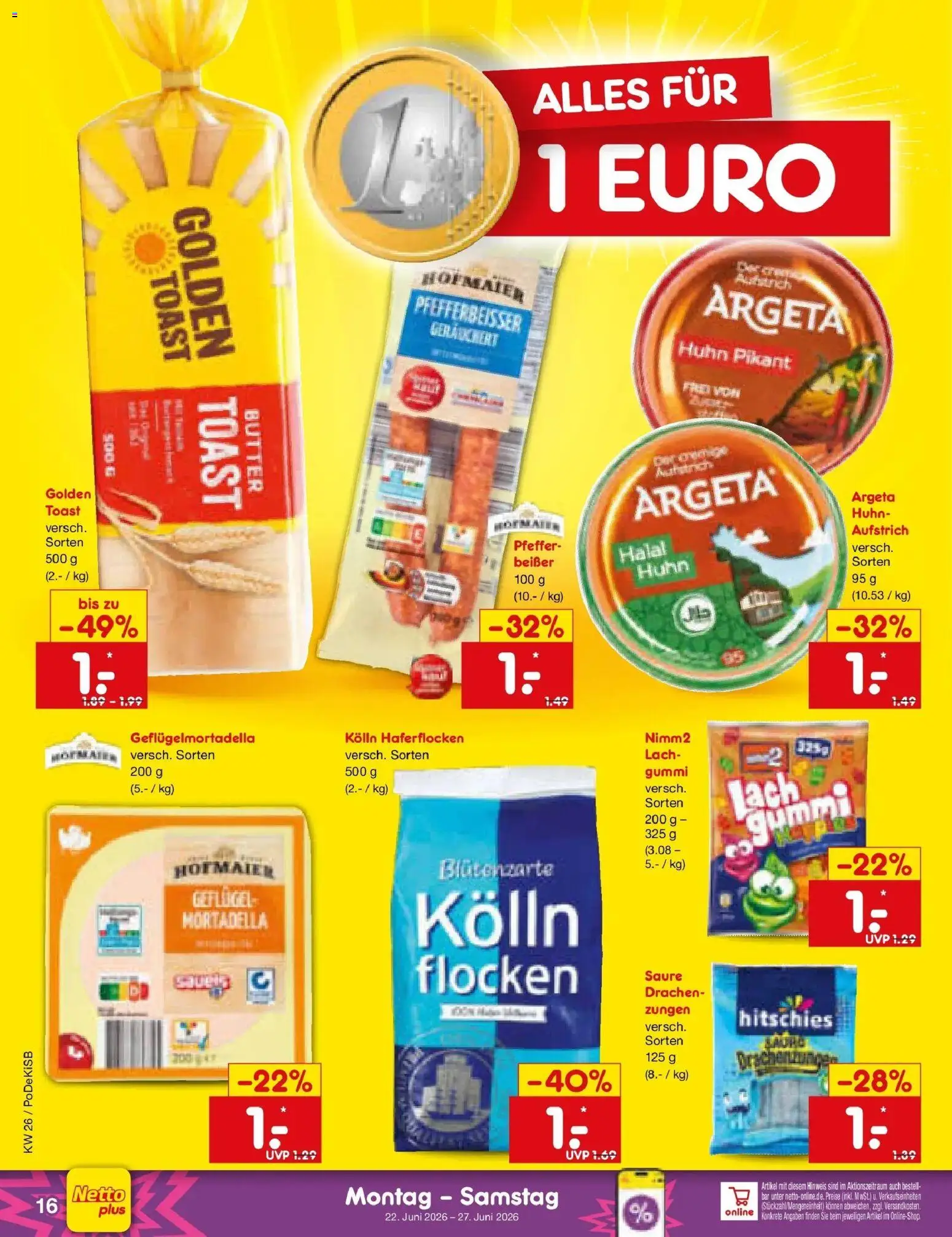 Netto Marken-Discount Prospekt Bad Friedrichshall – gültig ab 22.06.2026 | Seite: 20 | Produkte: Kolln haferflocken, Kolln, Butter, Toast