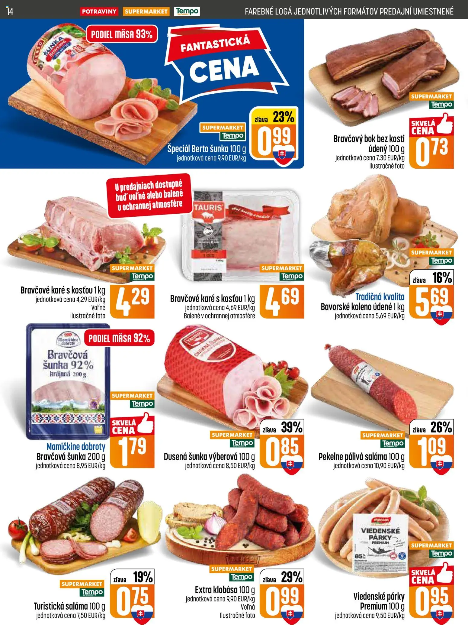Nové COOP Jednota akcie – leták je platný od 28.05.2026 | Strana: 14 | Produkty: Saláma, Klobása, Párky, Bravčové karé