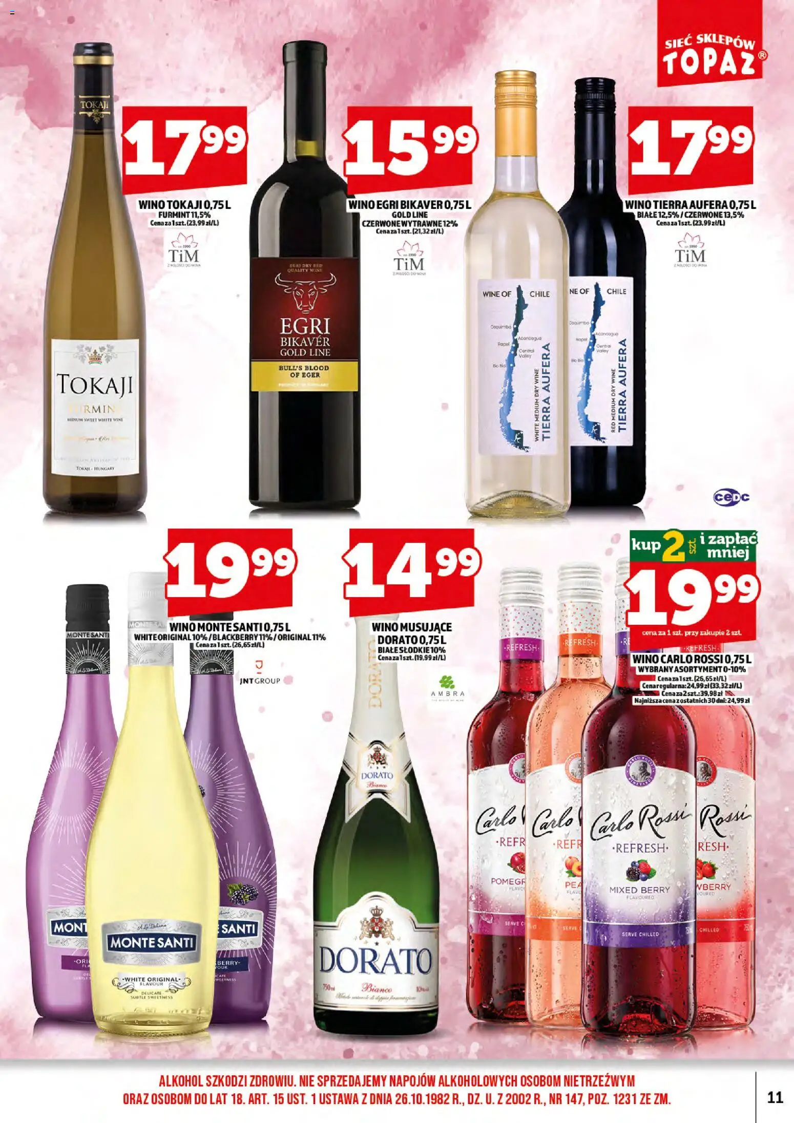 Topaz gazetka alkoholowa od 17.08.2026 | Strona: 13 | Produkty: Wino, Alkohol, Carlo Rossi, Egri bikaver