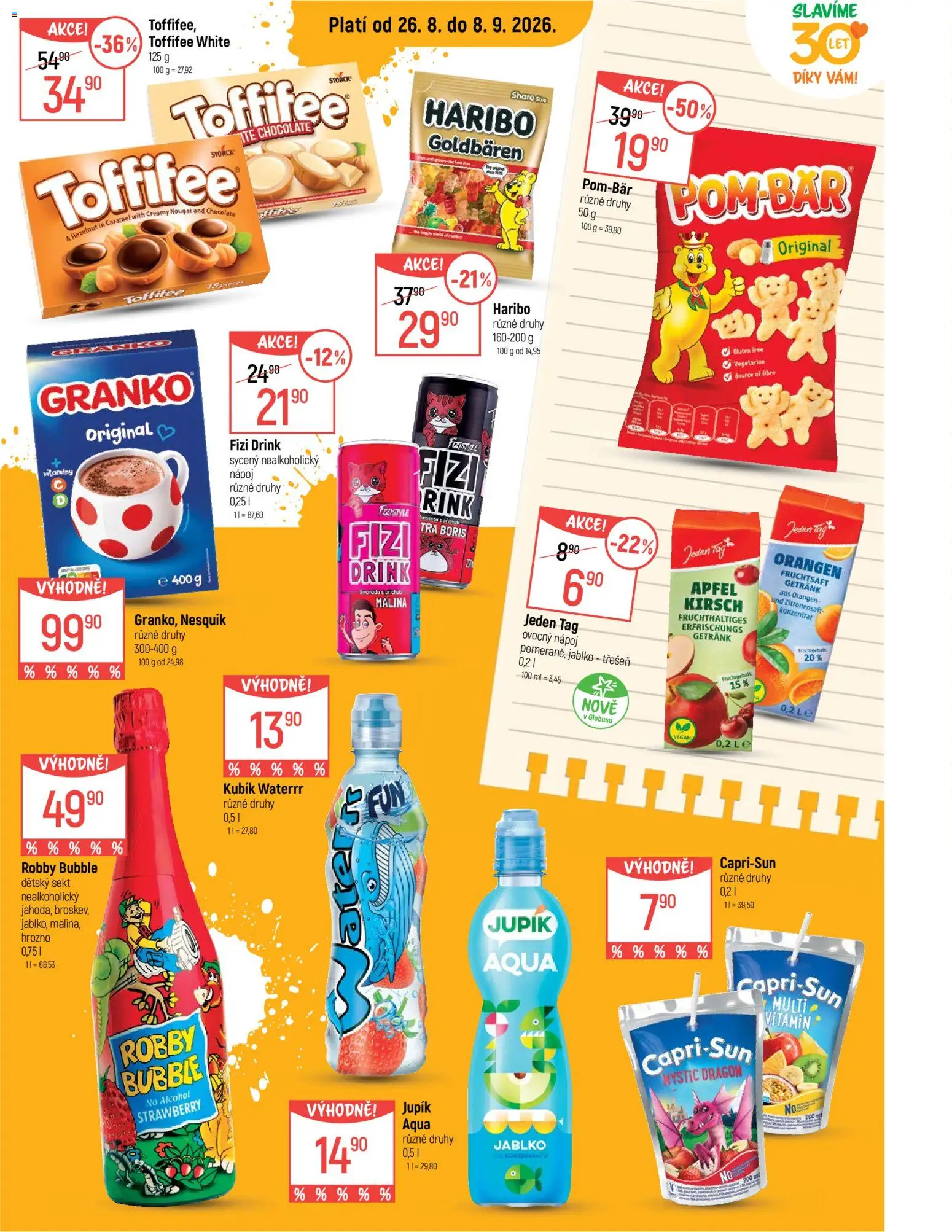 Globus leták - Školní pomůcky od 26.08.2026 | Strana: 6 | Produkty: Haribo, Toffifee, Robby Bubble, Nesquik