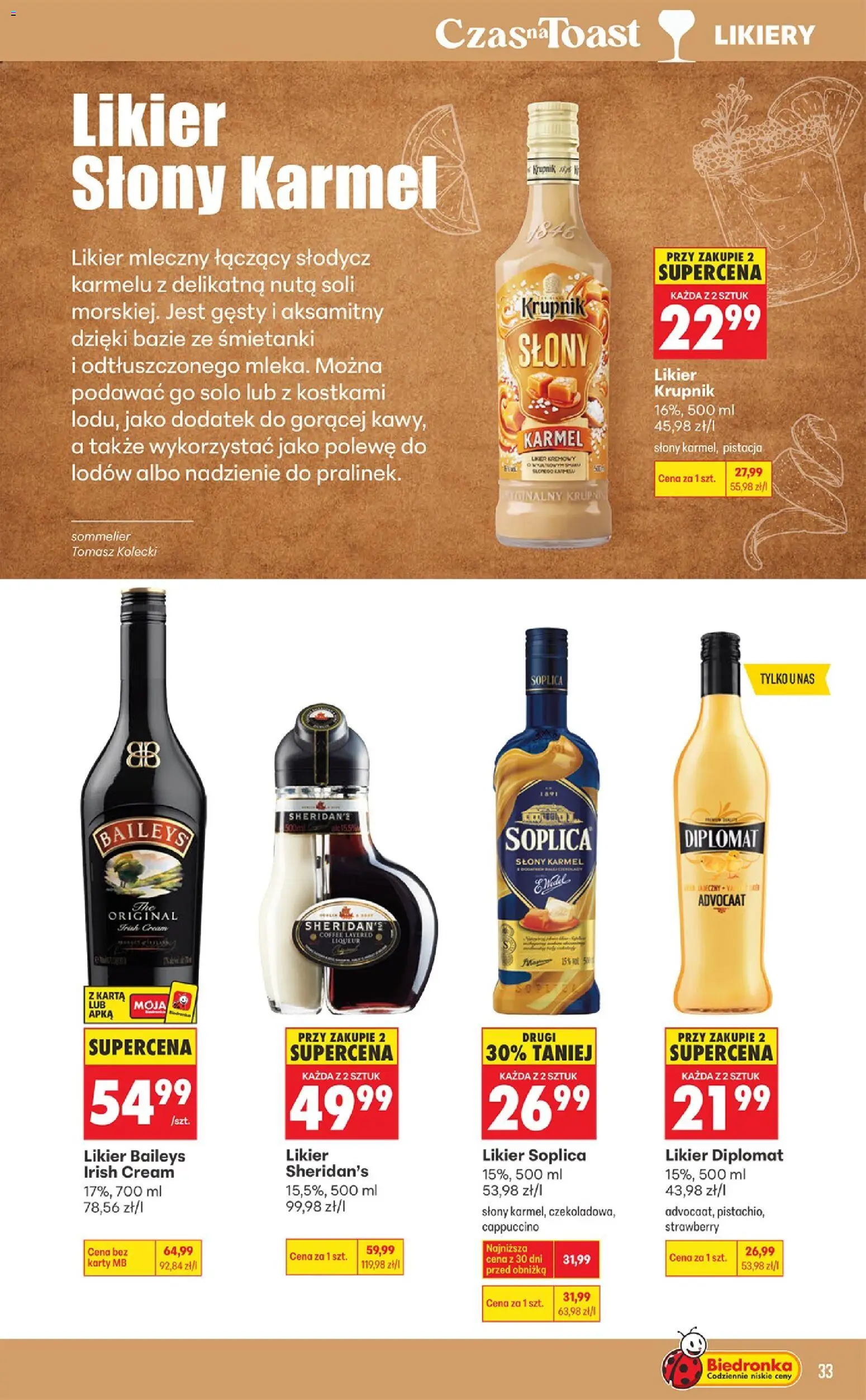 Biedronka gazetka - Czas na toast od 07.09.2026 | Strona: 33 | Produkty: Baileys, Słony karmel, Sheridan's, Likier słony karmel