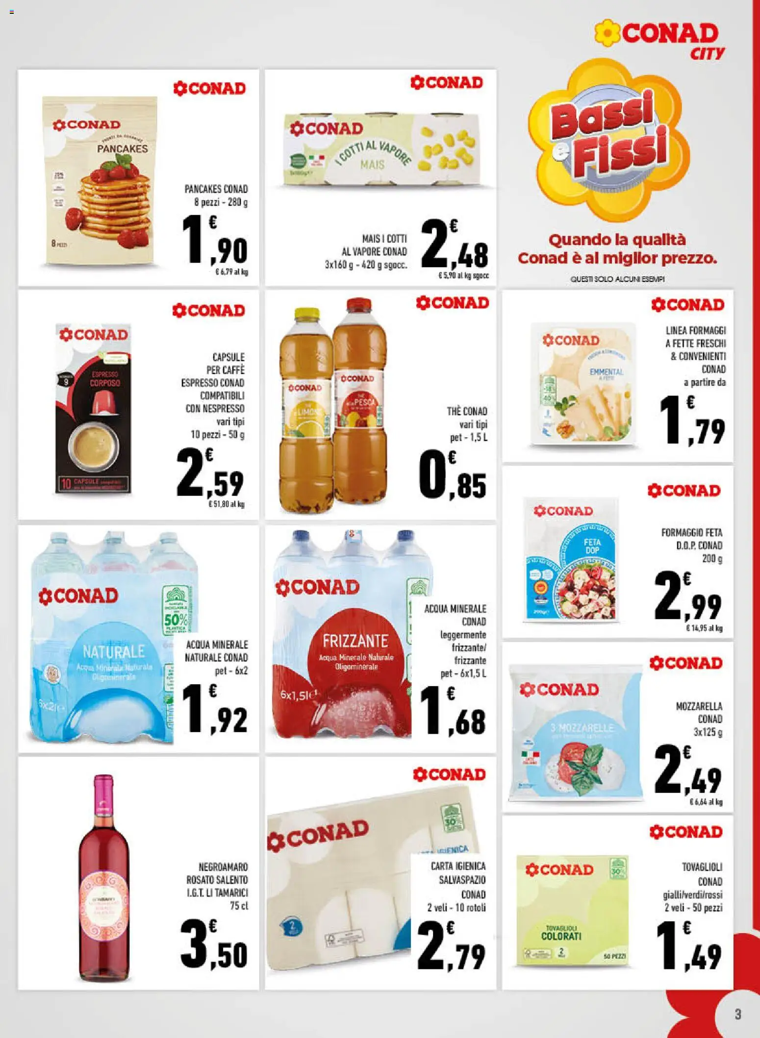 Volantino Conad del 10/08/2026 | Pagina: 3 | Prodotti: Carta igienica, Caffè, Formaggio feta, Mozzarella