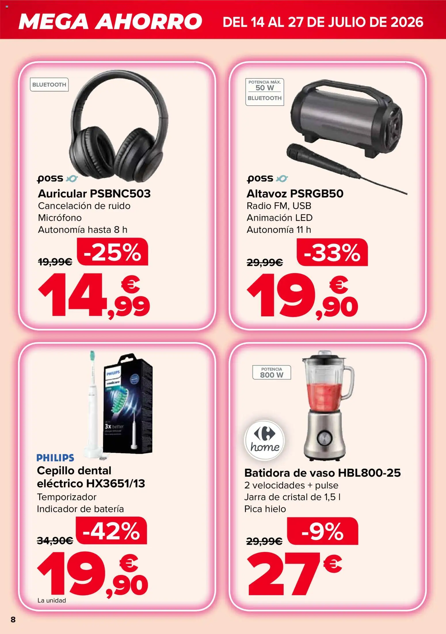 Carrefour Mega Ahorro │ válido desde el 14/07/2026 | Página: 8 | Productos: Micrófono, Altavoz, Batidora, Batería