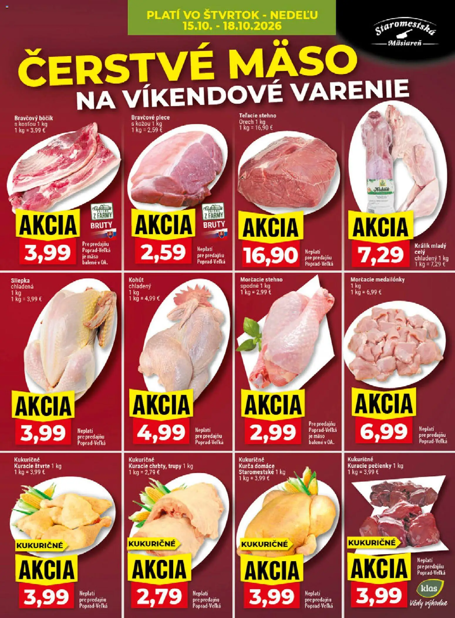 Nové Klas akcie – leták je platný od 12.10.2026 | Strana: 24 | Produkty: Bravčové plece, Teľacie stehno, Kuracie štvrte, Bôčik