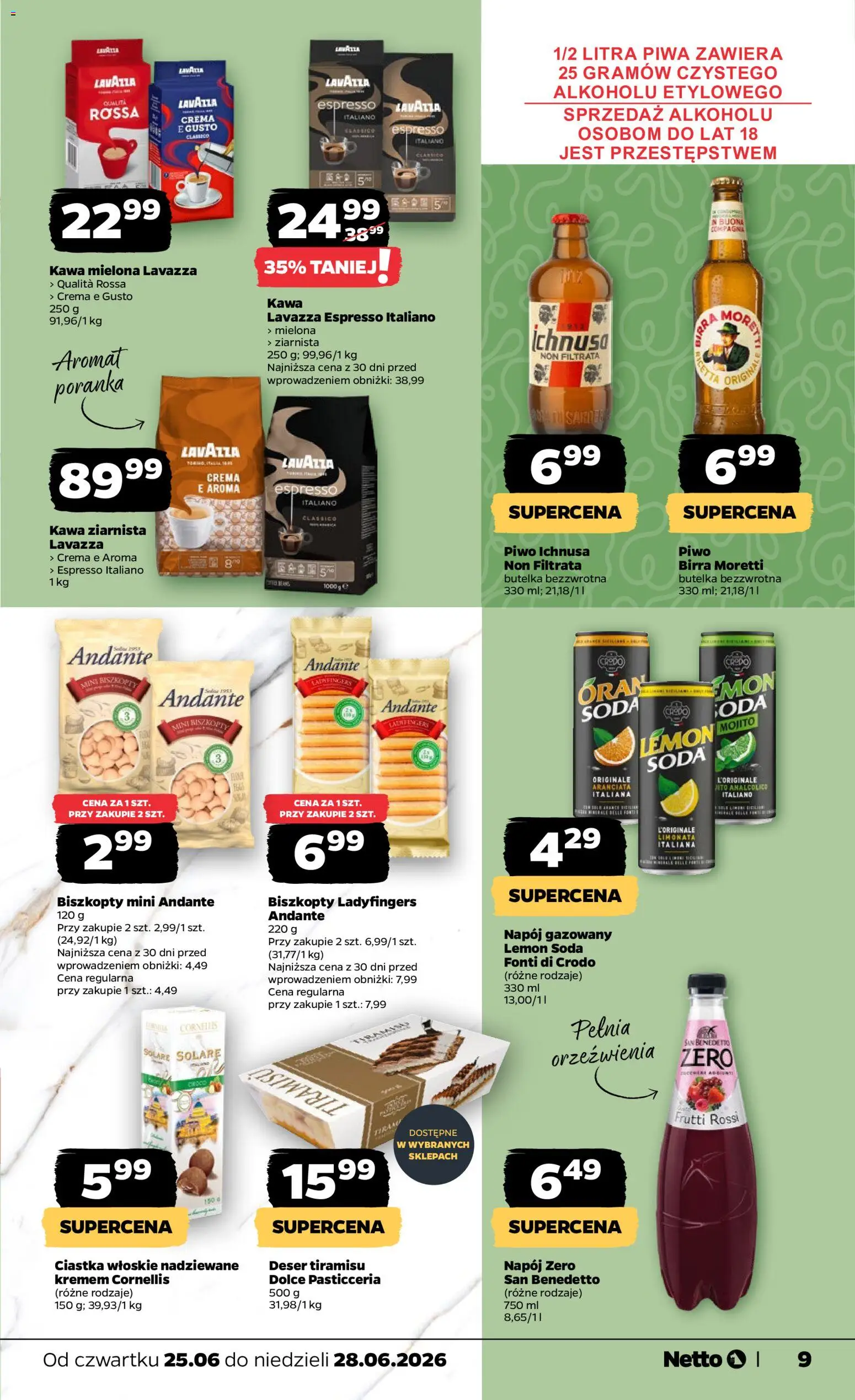 Netto gazetka od czwartku spożywcza od 25.06.2026 | Strona: 9 | Produkty: Lavazza, Kawa, Piwo, Ciastka