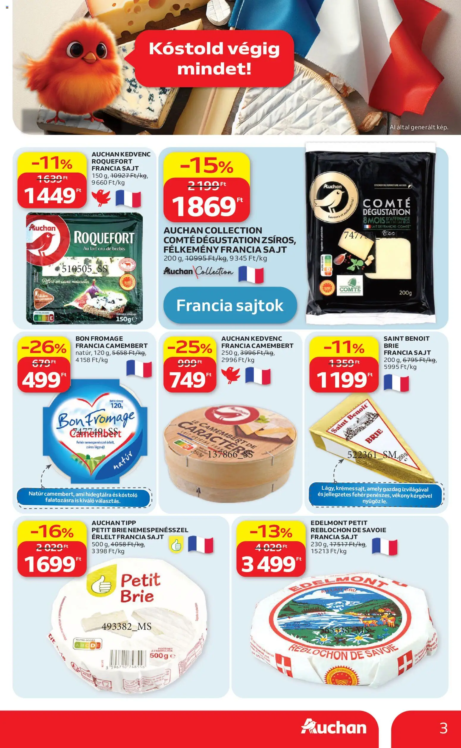 Auchan akciós ujság - amely érvényes a következő dátumtól: 07.05.2026 | Oldal: 3 | Termékek: Sajtok, Sajt, Camembert
