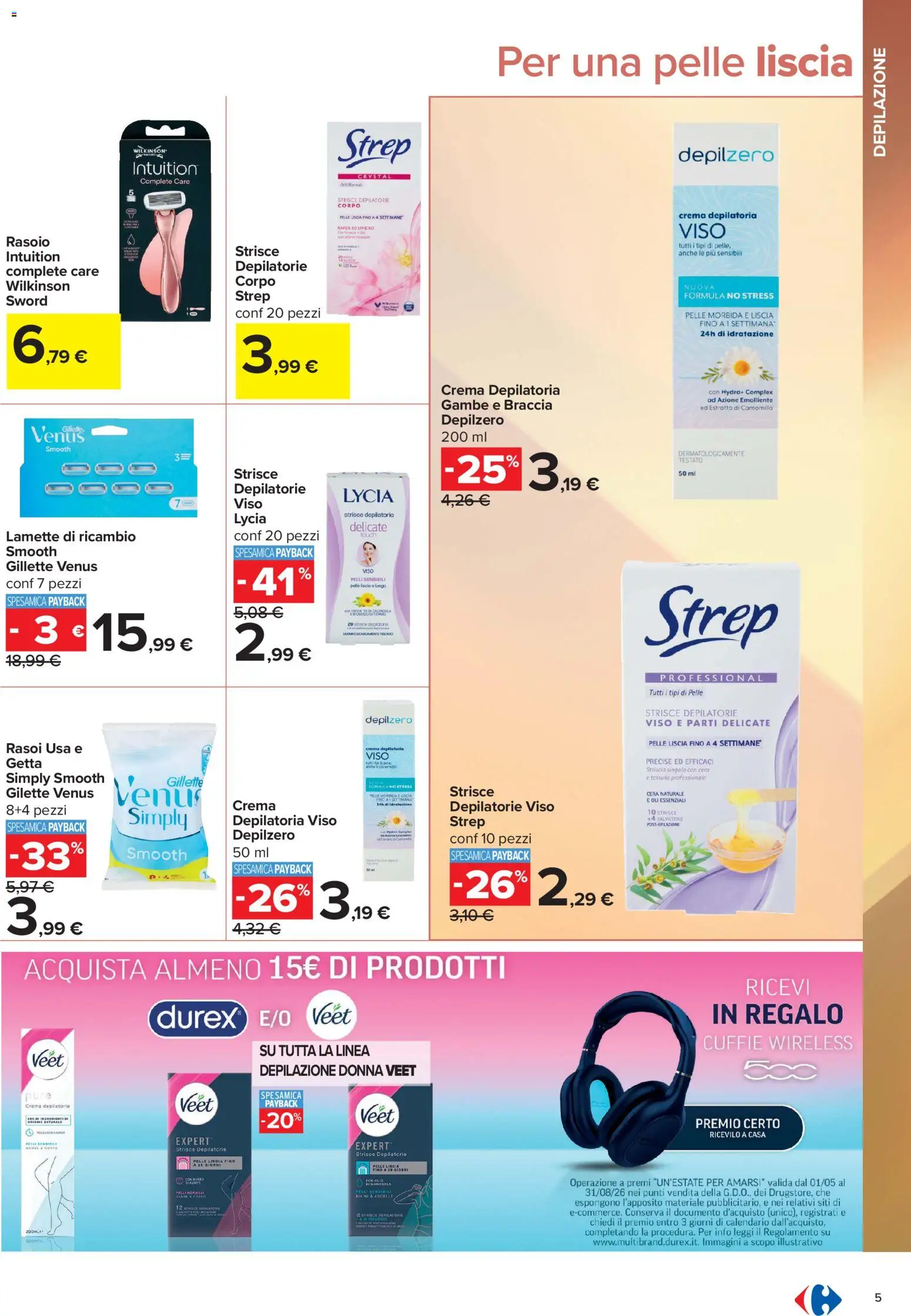 Volantino Carrefour del 10/07/2026 | Pagina: 5 | Prodotti: Crema, Crema depilatoria, Bikini, Cuffie