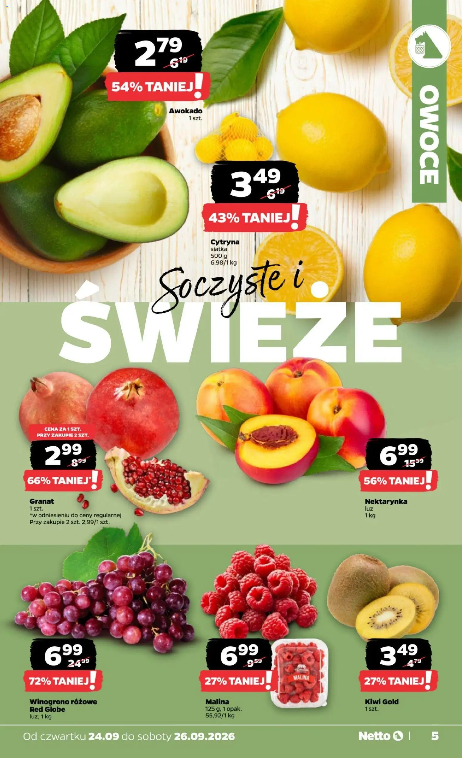 Netto gazetka od czwartku od 24.09.2026 | Strona: 5 | Produkty: Nektarynka, Malina, Siatka, Kiwi