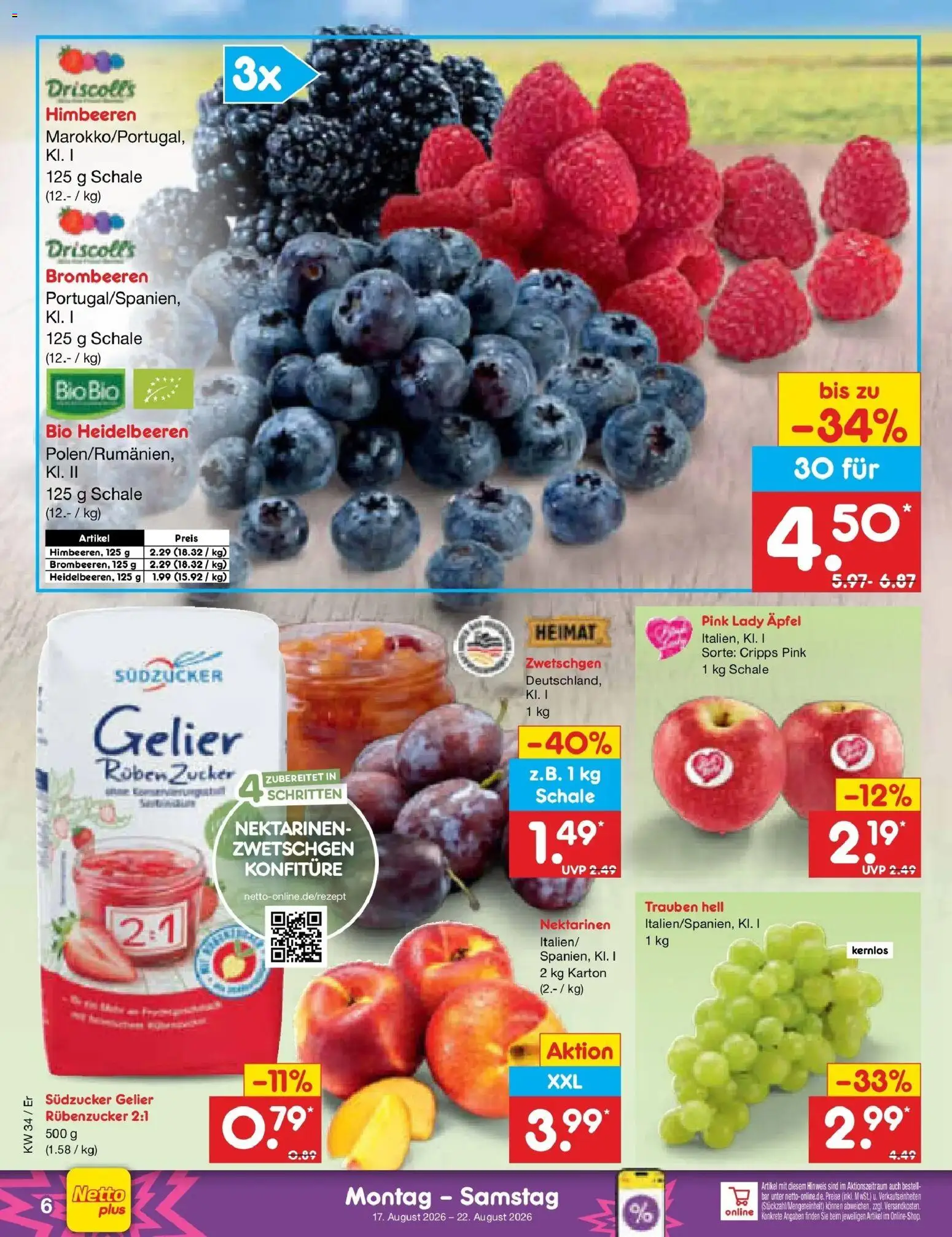 Netto Marken-Discount Prospekt Nordhausen – gültig ab 17.08.2026 | Seite: 8 | Produkte: Nektarinen, Trauben, Heidelbeeren, Zucker