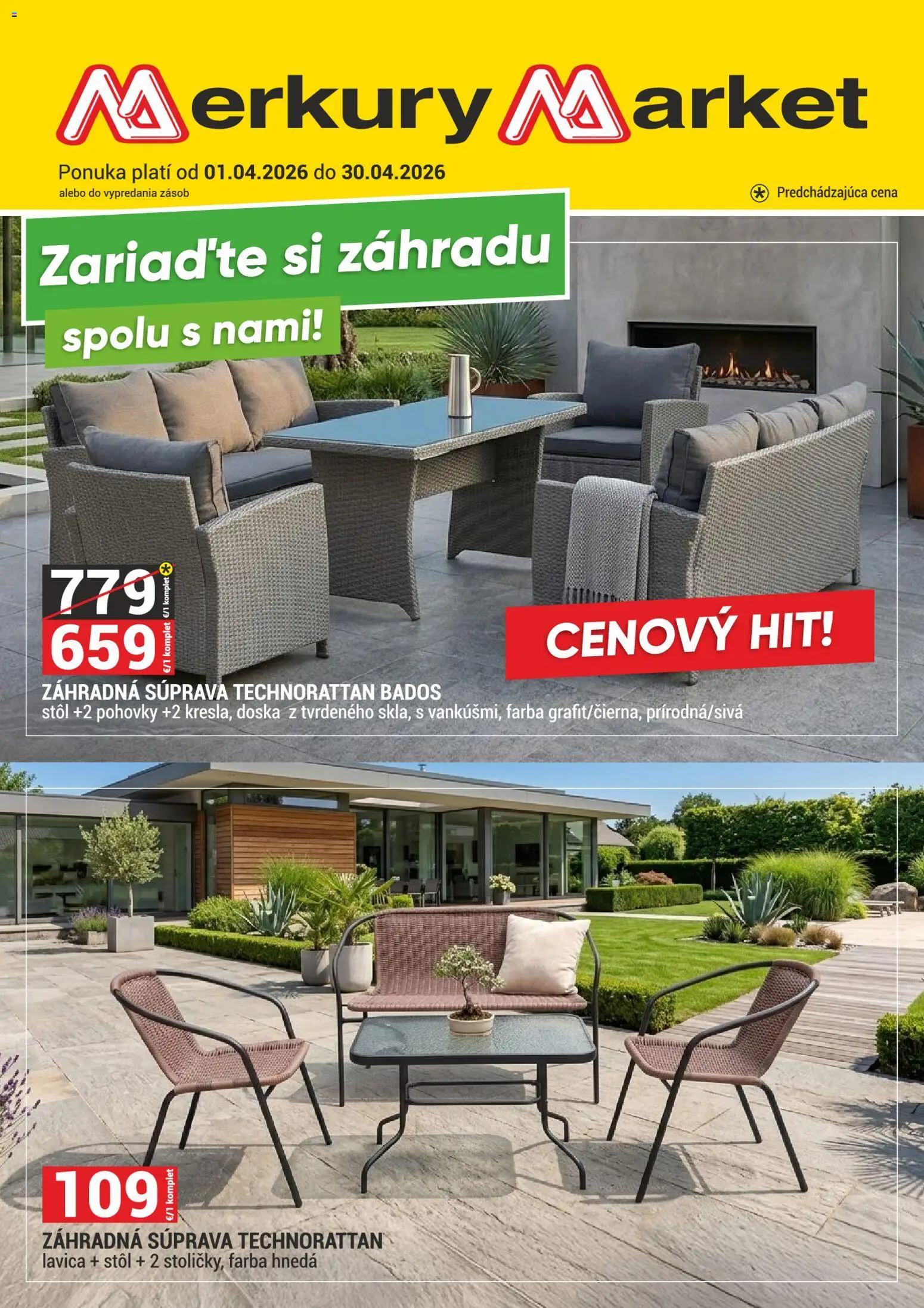 Nové Merkury Market akcie – leták je platný od 01.04.2026 | Strana: 1 | Produkty: Stôl, Lavica