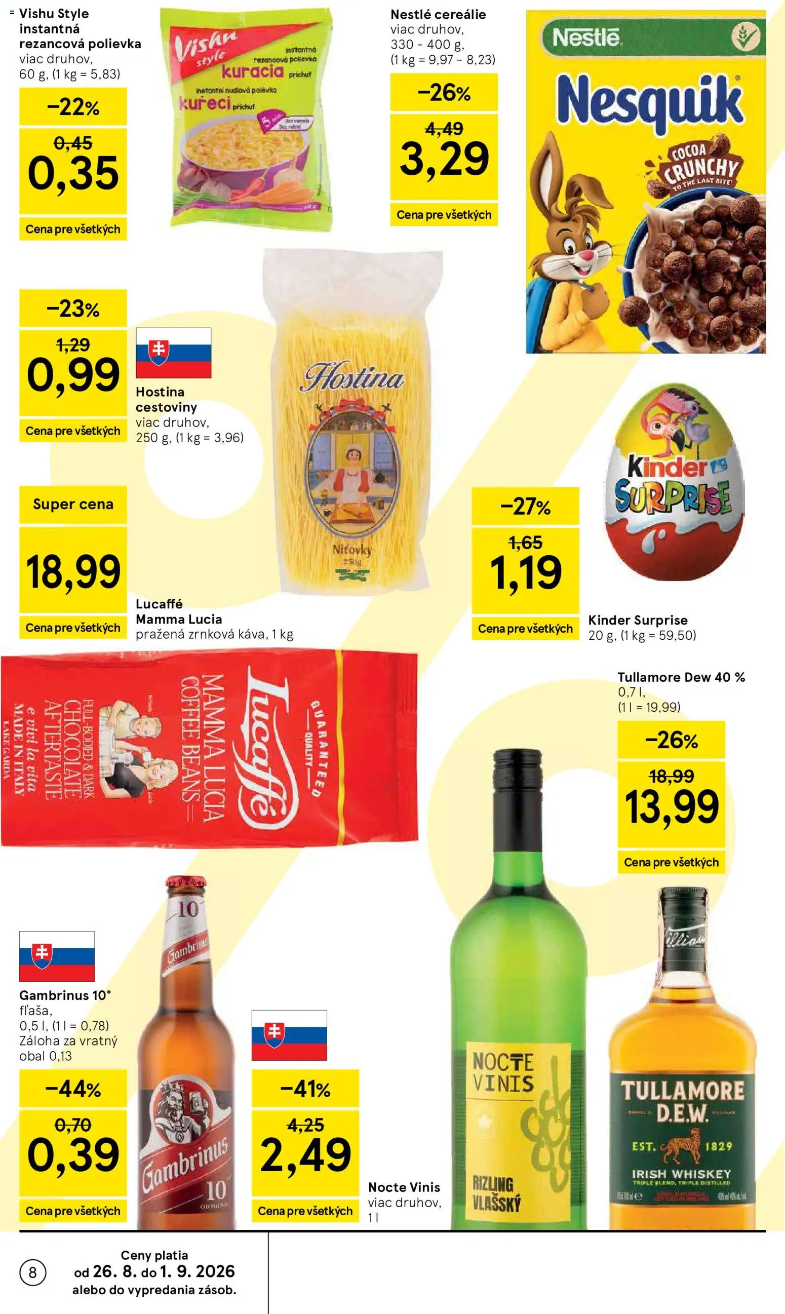 Nové Tesco akcie – leták je platný od 26.08.2026 | Strana: 8 | Produkty: Kinder Surprise, Cereálie, Gambrinus, Tullamore Dew