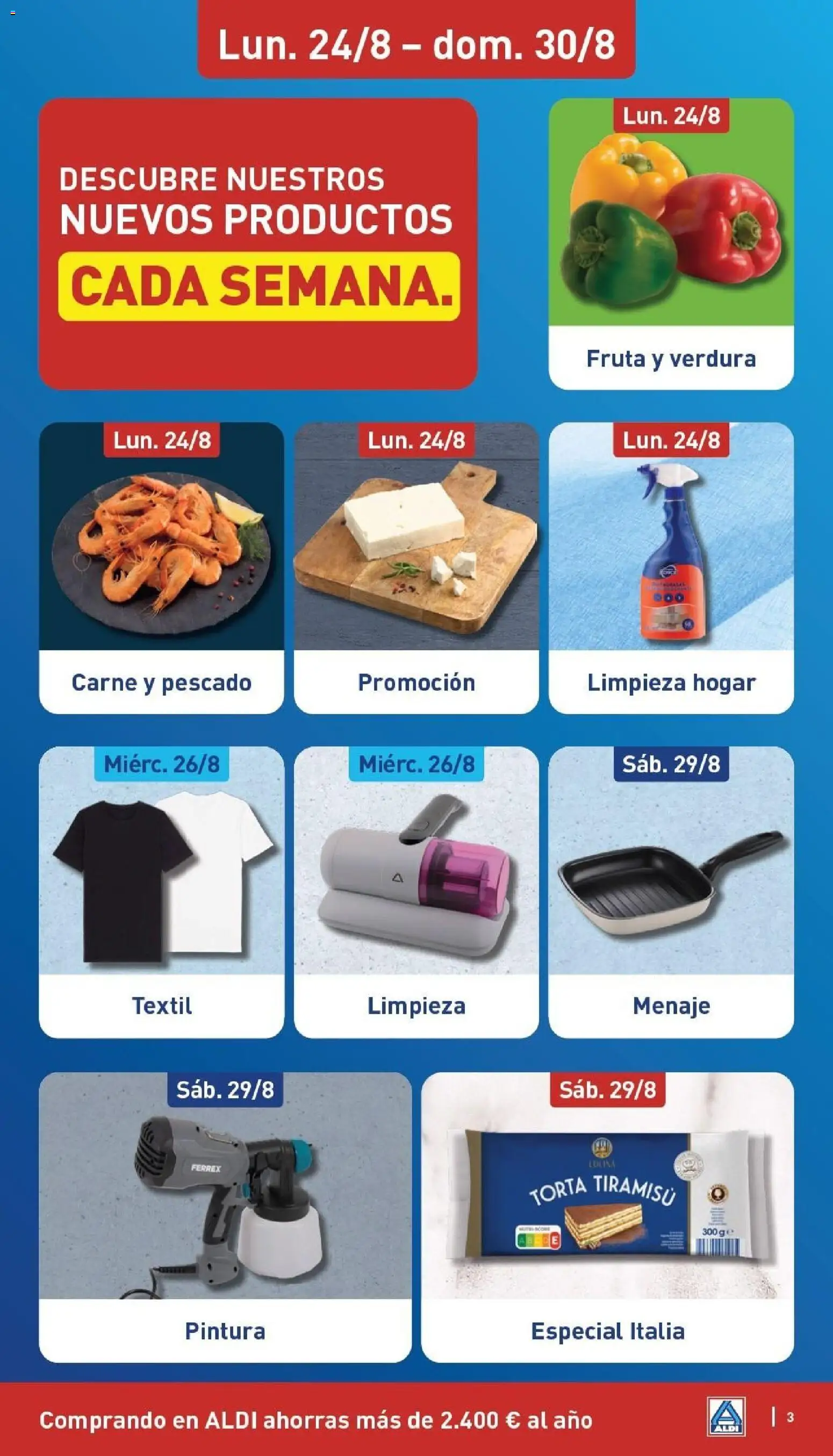 Aldi folleto Canarias │ válido desde el 24/08/2026 | Página: 3 | Productos: Tiramisú, Fruta, Pan, Carne