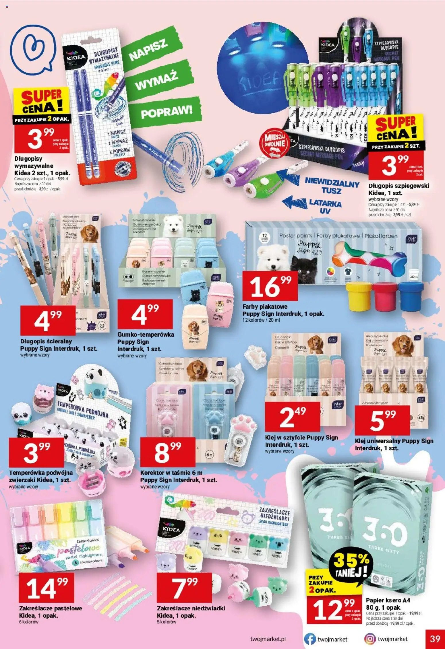 Twój Market gazetka od 12.08.2026 | Strona: 39 | Produkty: Temperówka, Korektor, Papier ksero, Długopisy