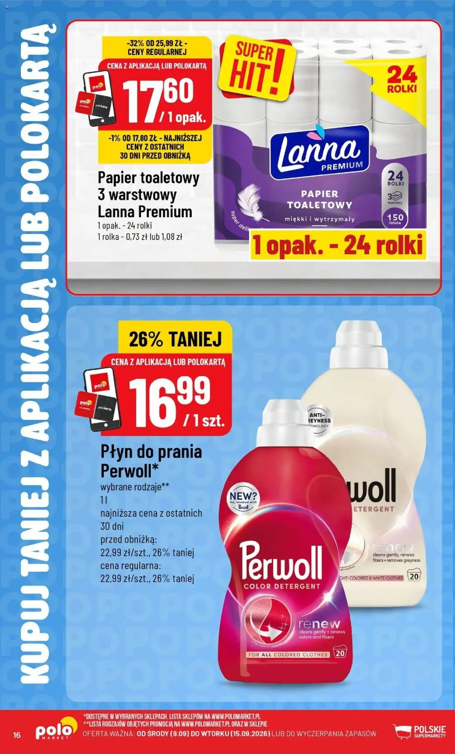 Nowa POLOmarket gazetka od jutra 09.09.2026 | Strona: 16 | Produkty: Papier toaletowy, Rolki, Perwoll, Detergent
