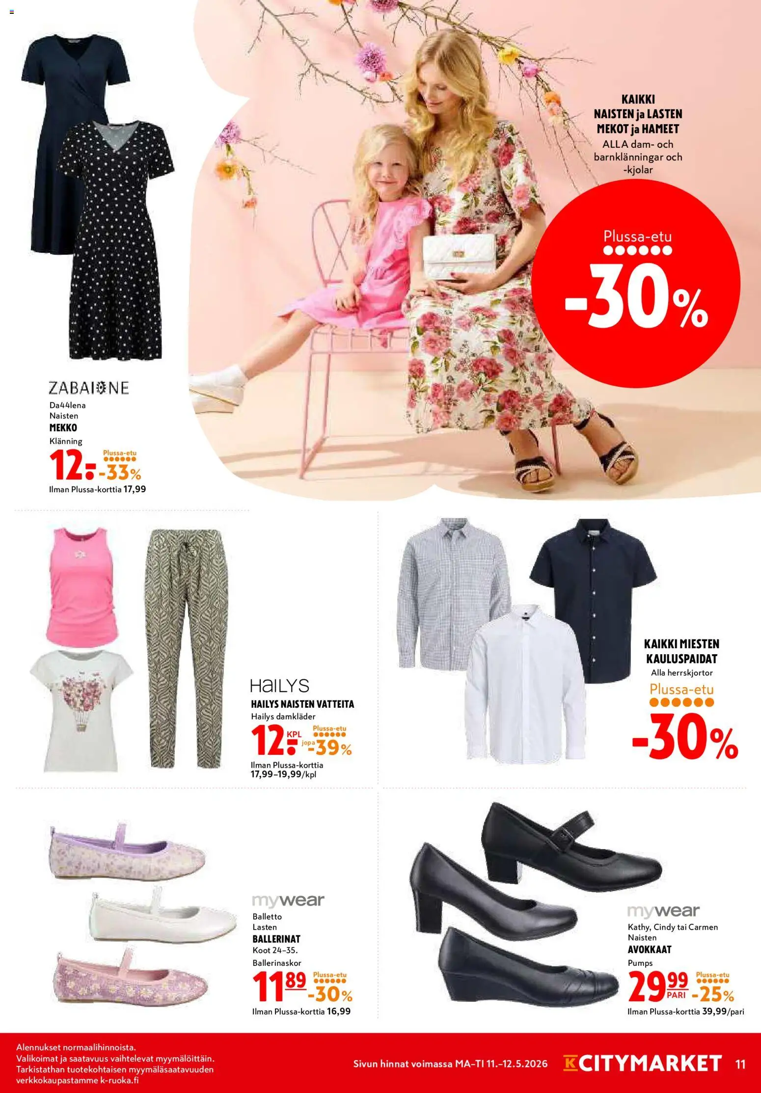 K-Citymarket tarjoukset – voimassa 11.05.2026 alkaen | Sivu: 11 | Tuotteet: Avokkaat, Ballerinat, Mekko