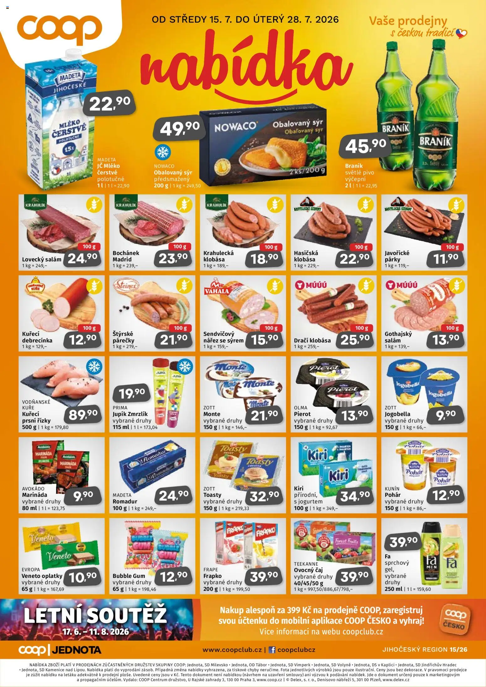 Coop leták - Jihočeský region od 15.07.2026 | Strana: 1 | Produkty: Pivo, Frapko, Romadur, Jogobella