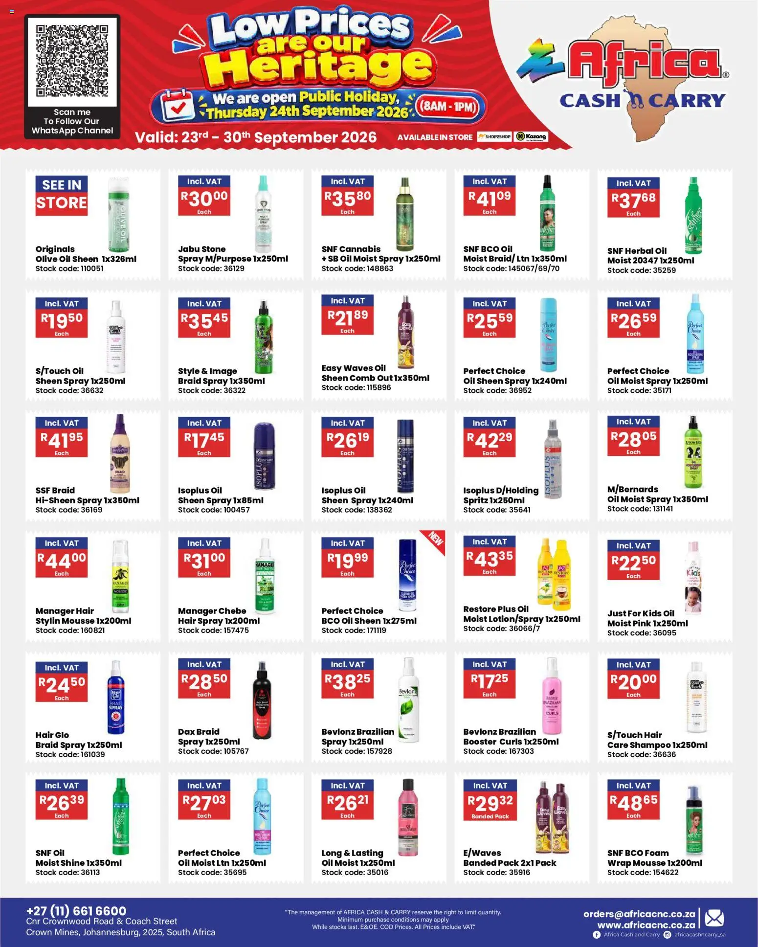 New Africa Cash & Carry catalogue – valid from 23/09/2026 | Page: 1 | Products: Oil, Hair spray, Stock, Foam