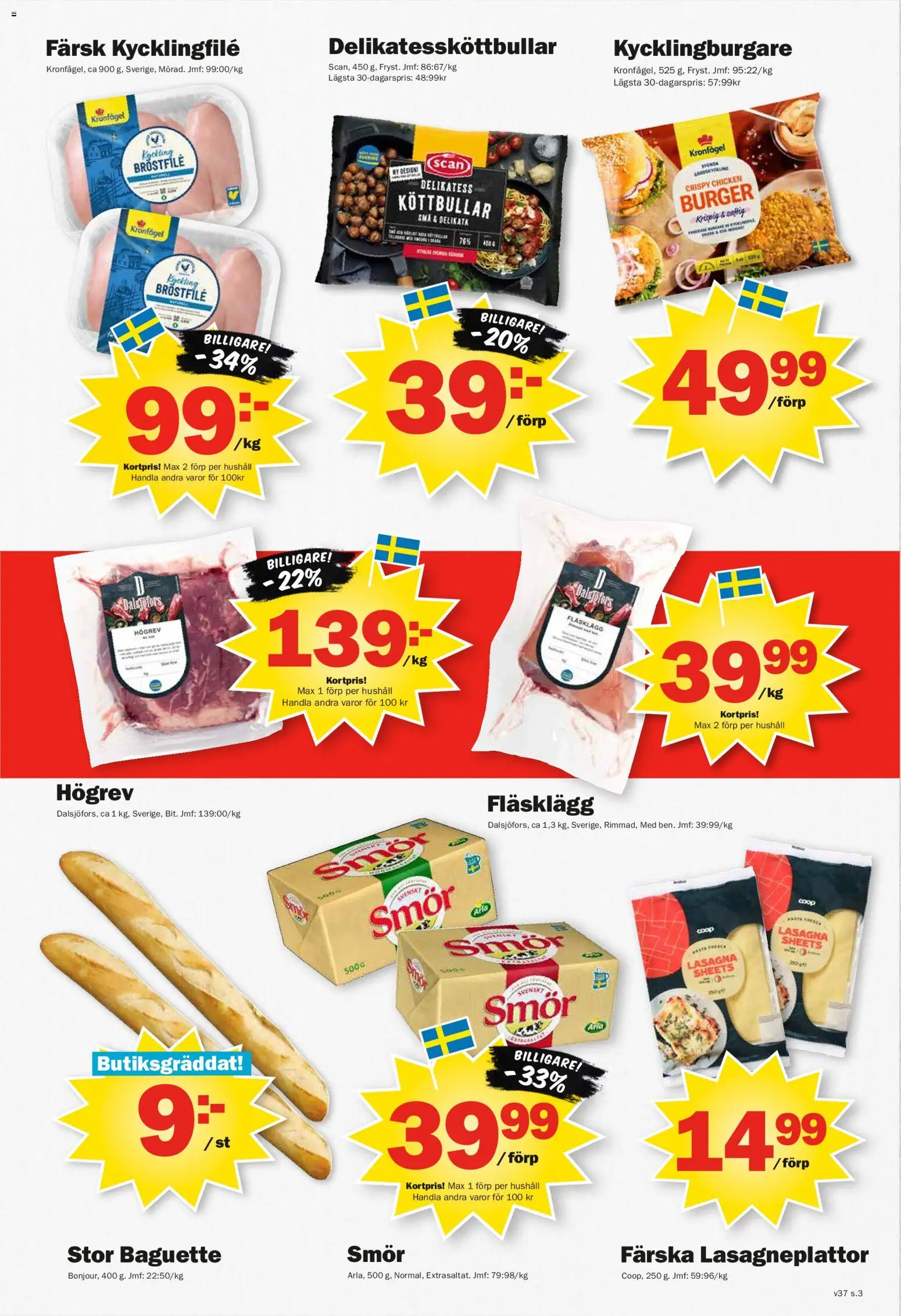 Pekås reklamblad aktuell från 07/09/2026 | Sida: 3 | Produkter: Köttbullar, Fläsklägg, Smör, Kyckling