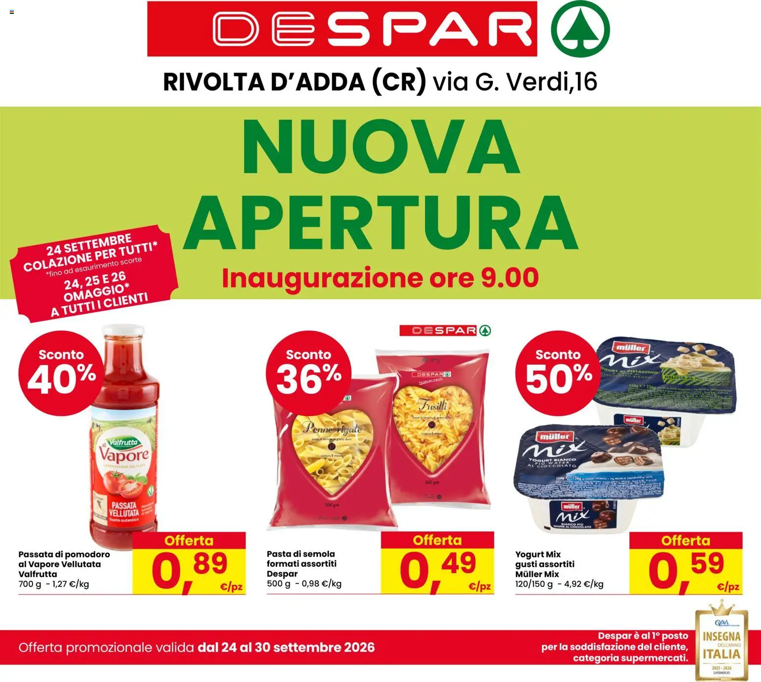 Volantino Despar del 24/09/2026 | Pagina: 1 | Prodotti: Cioccolato, Passata di pomodoro, Yogurt bianco, Semola