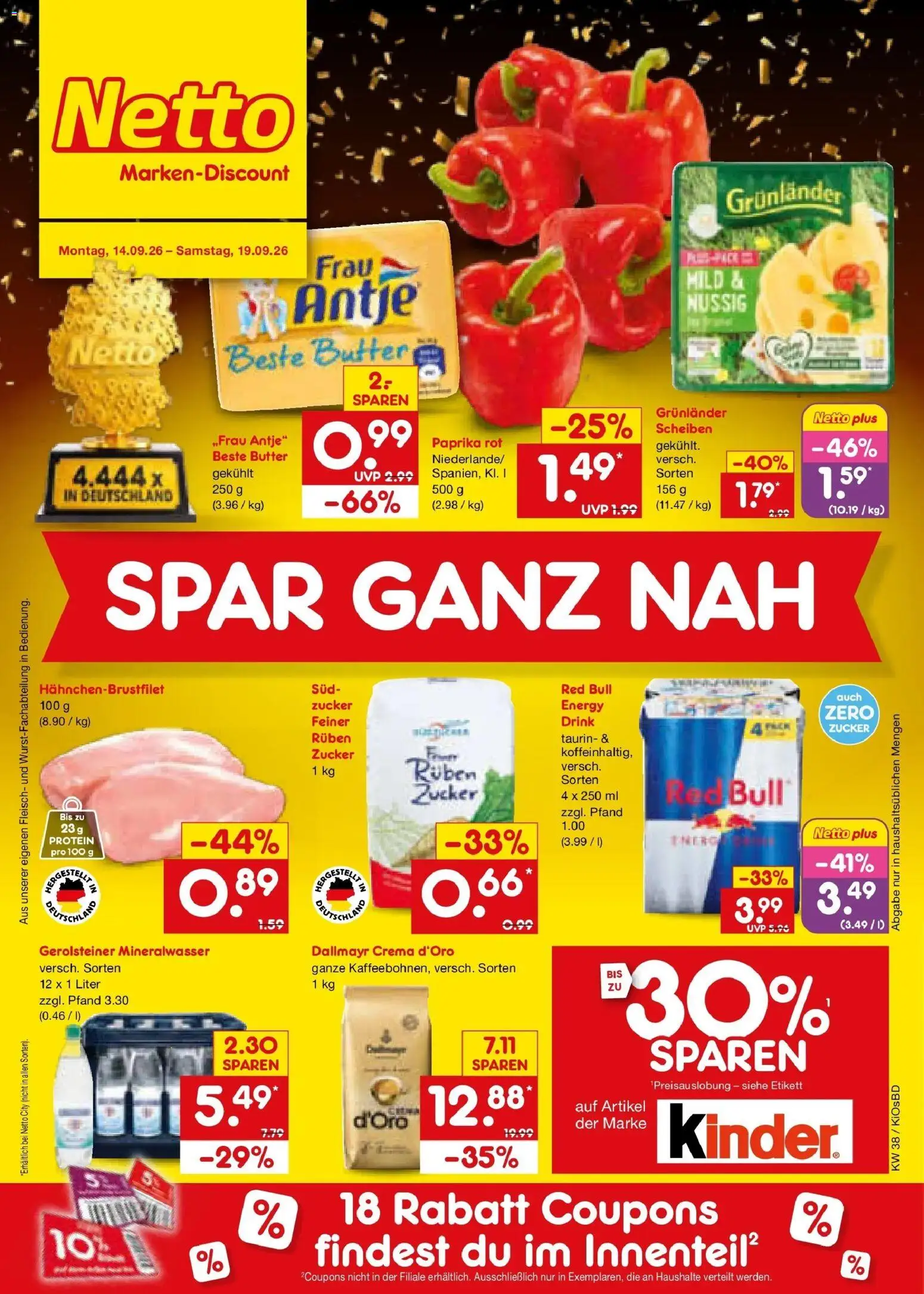 Netto Marken-Discount Prospekt Mistelbach – gültig ab 14.09.2026 | Seite: 1 | Produkte: Energy, Butter, Paprika, Gerolsteiner