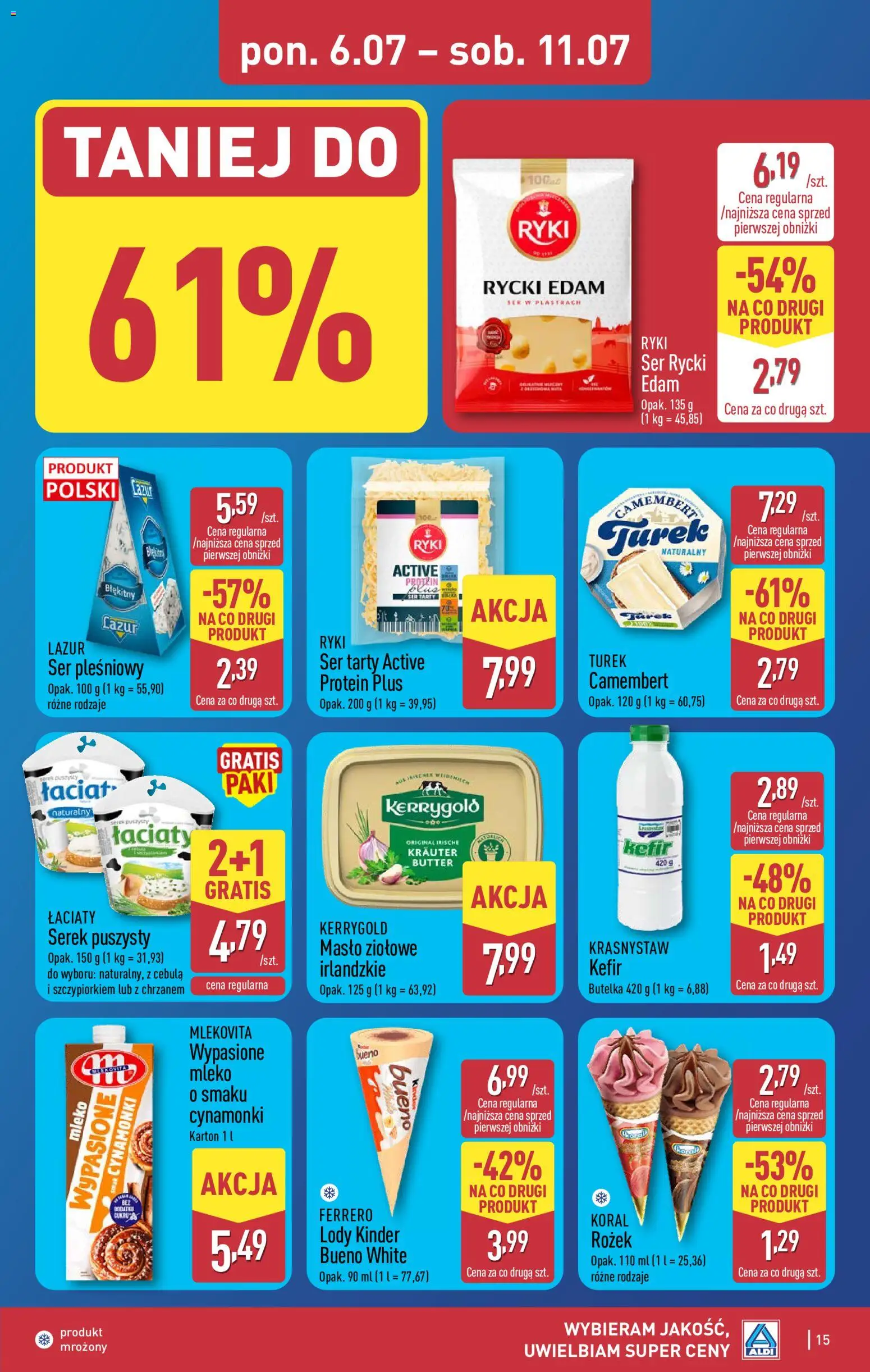 Aldi gazetka od 06.07.2026 | Strona: 15 | Produkty: Serek, Camembert, Mleko, Masło