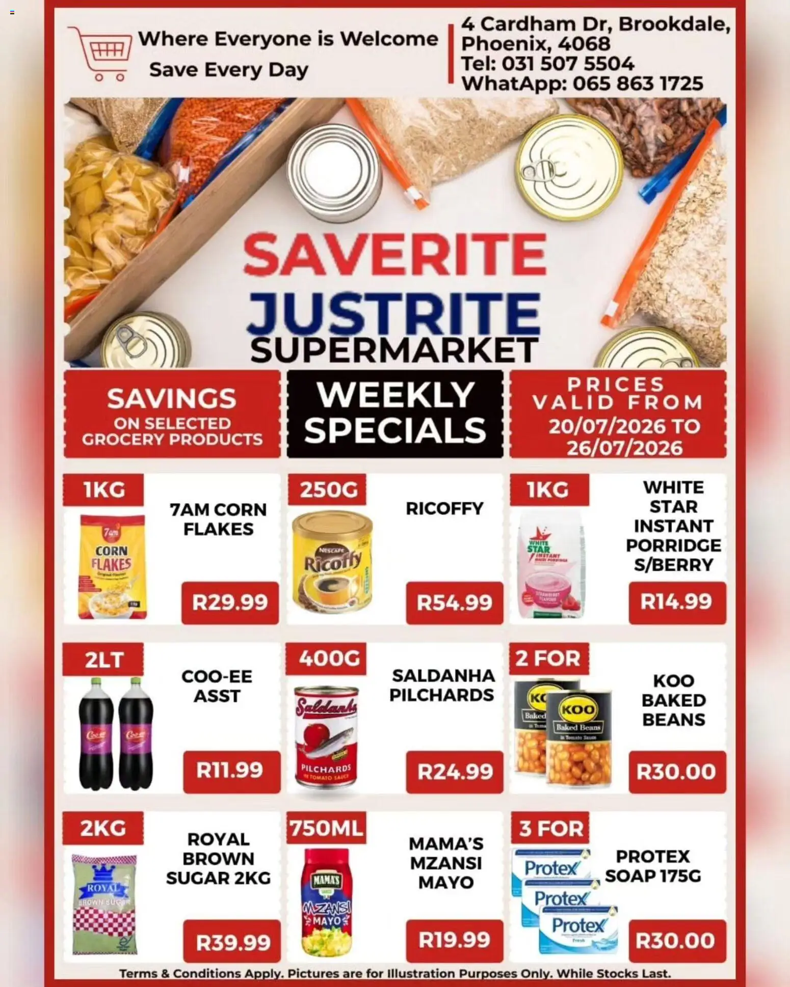 New Saverite catalogue – valid from 20/07/2026 | Page: 2 | Products: Pilchards, Tomato sauce, Soap, Sugar