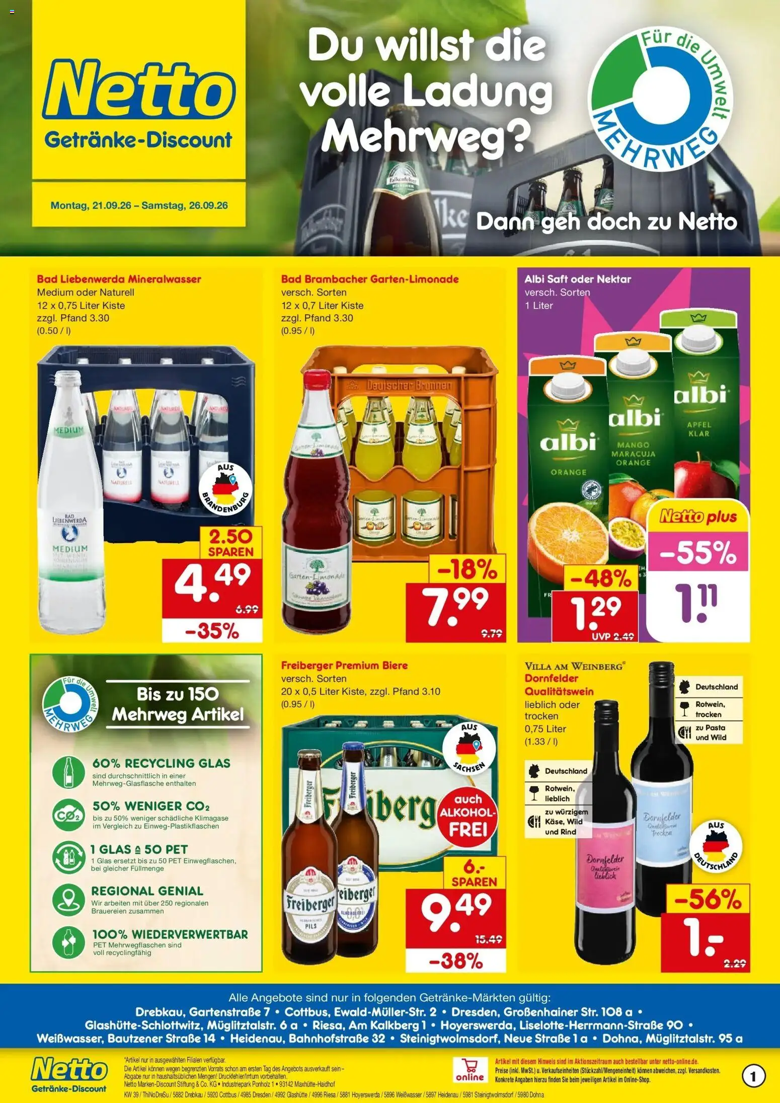 Netto Marken-Discount Prospekt Riesa – gültig ab 21.09.2026 | Seite: 1 | Produkte: Bad, Äpfel, Mineralwasser, Mango