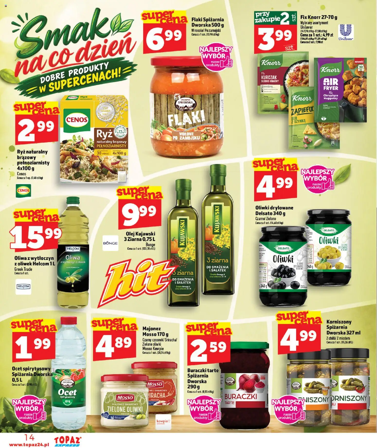 Topaz gazetka - Express od 10.09.2026 | Strona: 14 | Produkty: Ocet spirytusowy, Szynka, Flaki, Omega 3