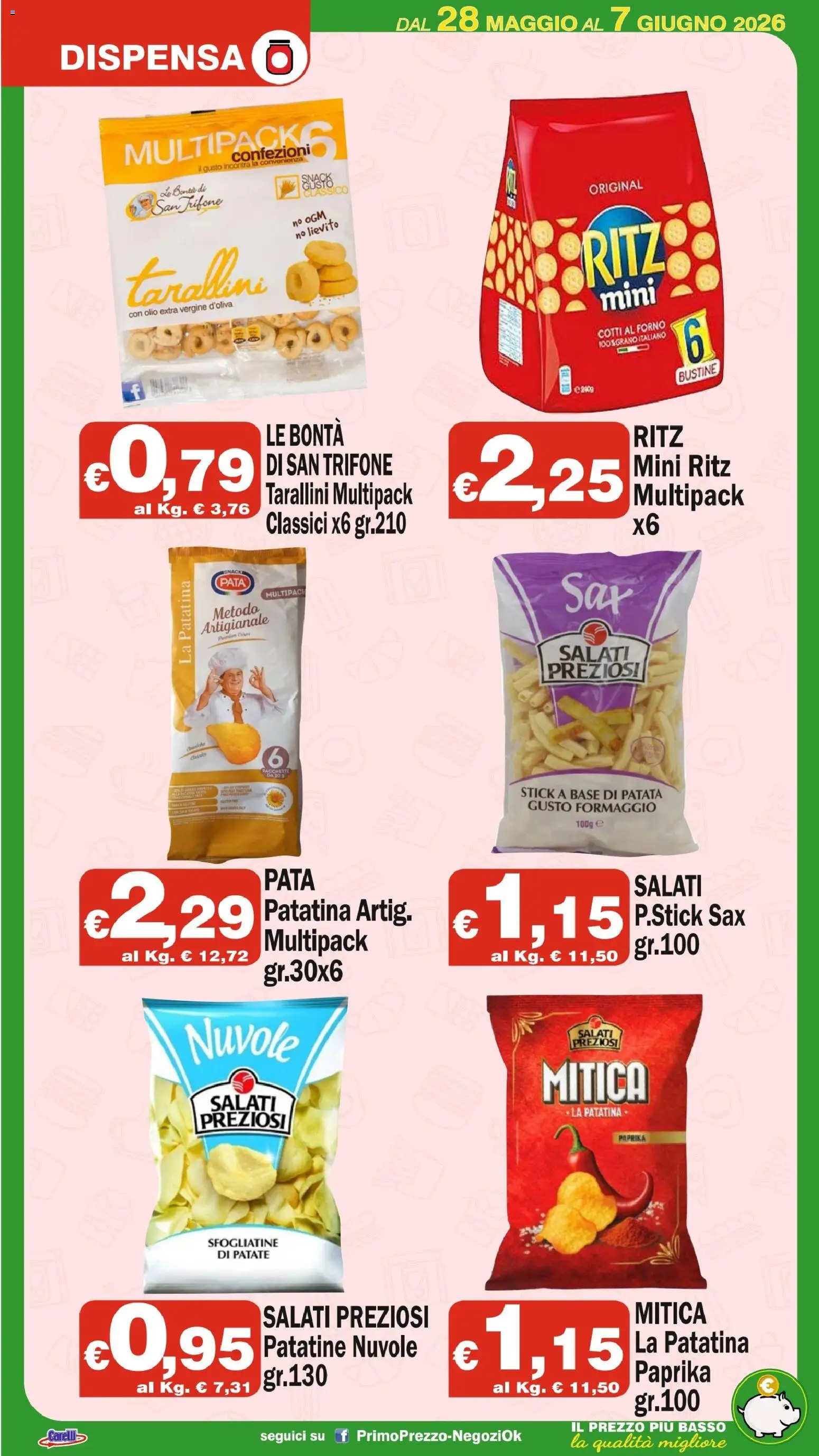 Volantino Primo Prezzo del 28.05.2026 | Pagina: 13 | Prodotti: Patate, Formaggio, Olio extra vergine, Paccheri