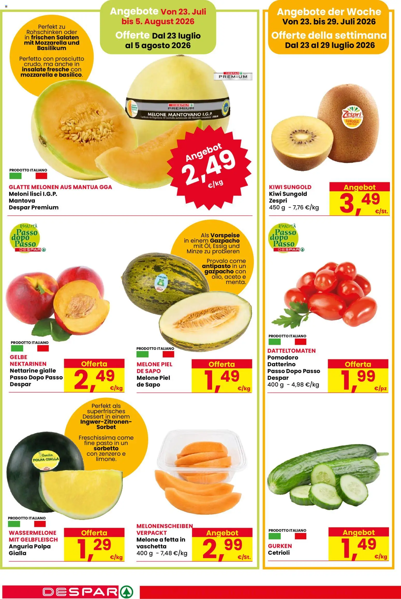 Volantino Eurospar del 23/07/2026 | Pagina: 2 | Prodotti: Kiwi, Cetrioli, Anguria, Melone