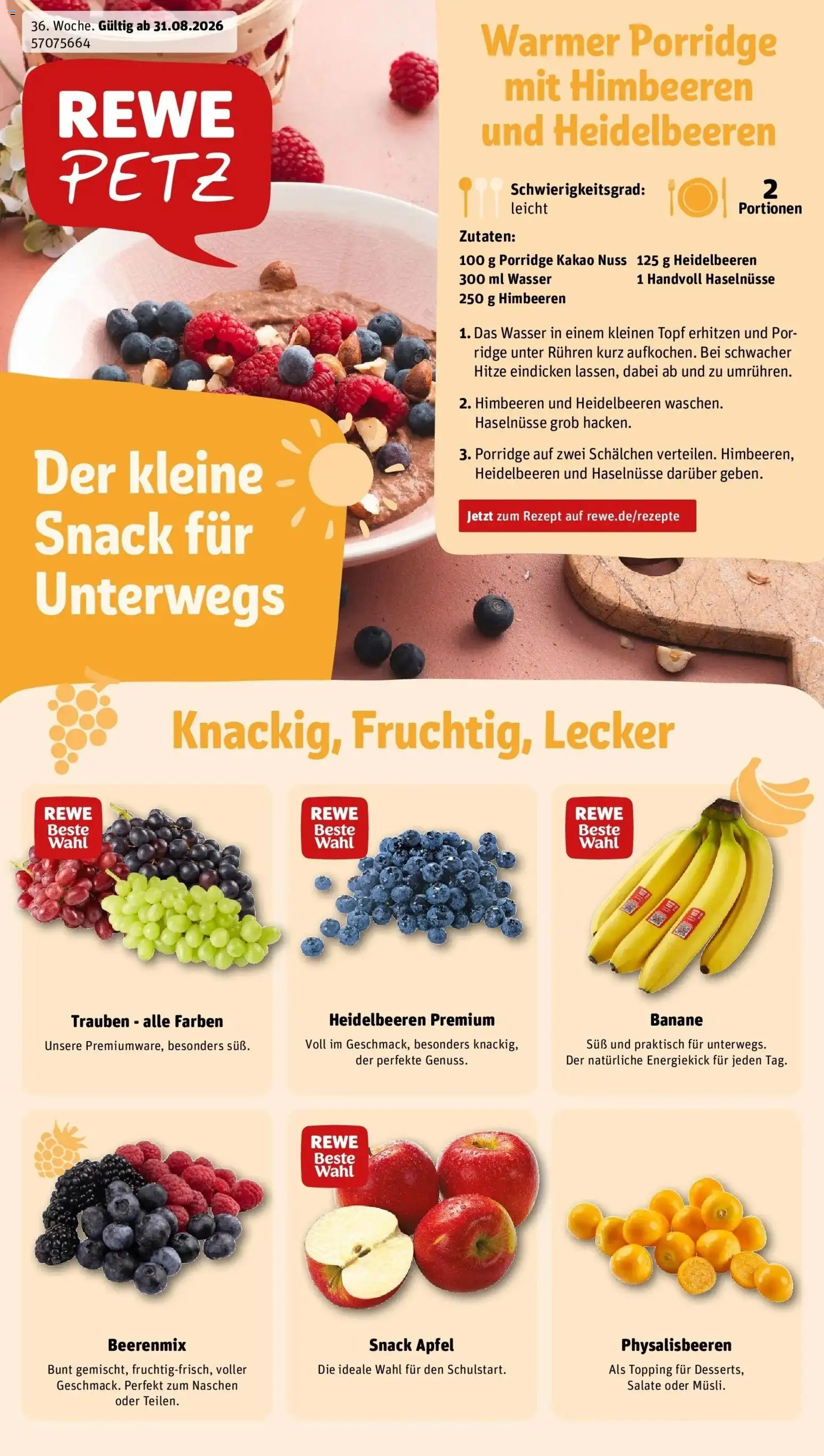 REWE Prospekt ab 31.08.2026 zum Blättern » Angebote | Seite: 1 | Produkte: Himbeeren, Trauben, Heidelbeeren, Wasser
