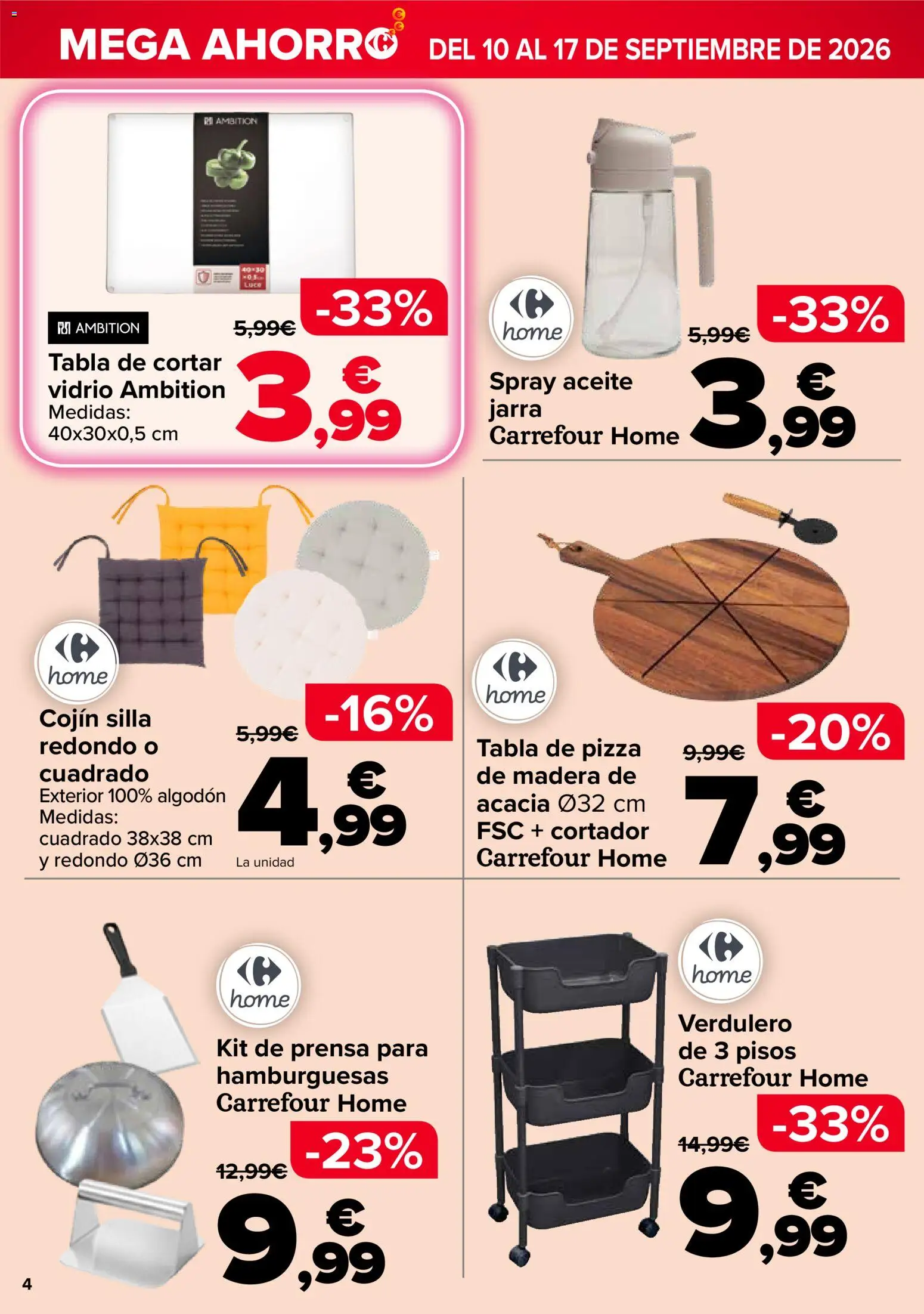 Carrefour Mega Ahorro │ válido desde el 10/09/2026 | Página: 4 | Productos: Tabla de cortar, Pizza, Algodón, Prensa