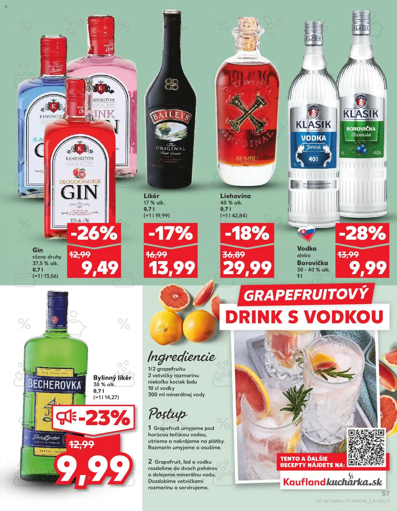 Nové Kaufland akcie – leták je platný od 22.01.2026 | Strana: 57 | Produkty: Borovička, Gin, Grapefruit, Baileys